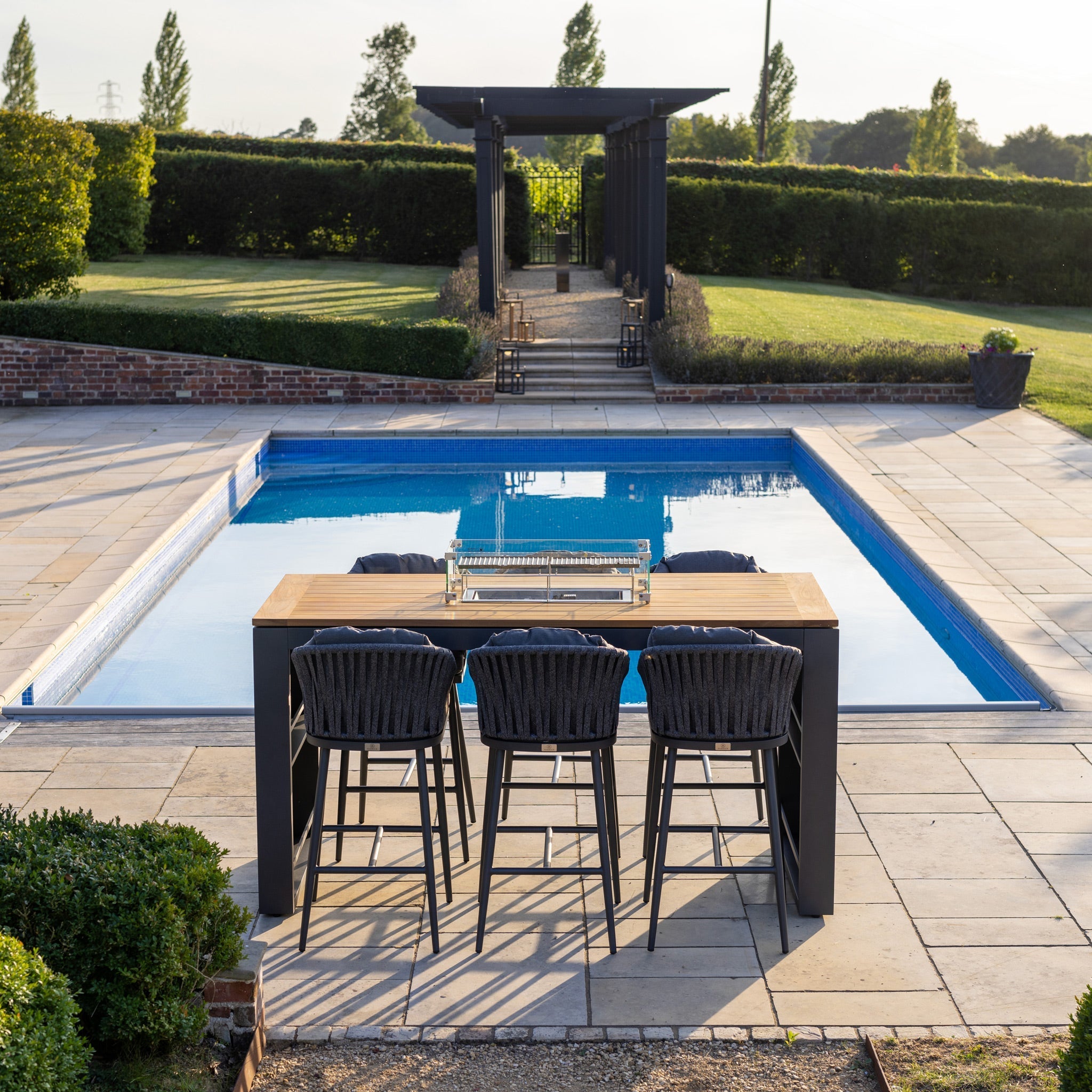 Monterrey 6 Seat Rope Teak Firepit Bar Set in Grey
