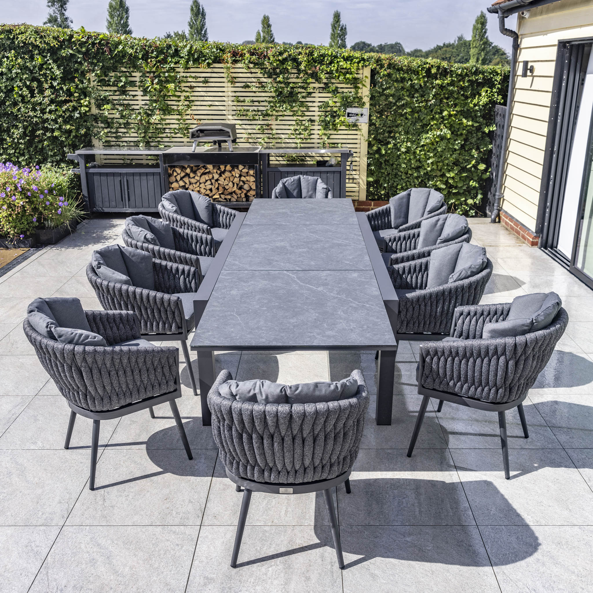 Palma 10 Seat Rope Extending Dining Set in Grey