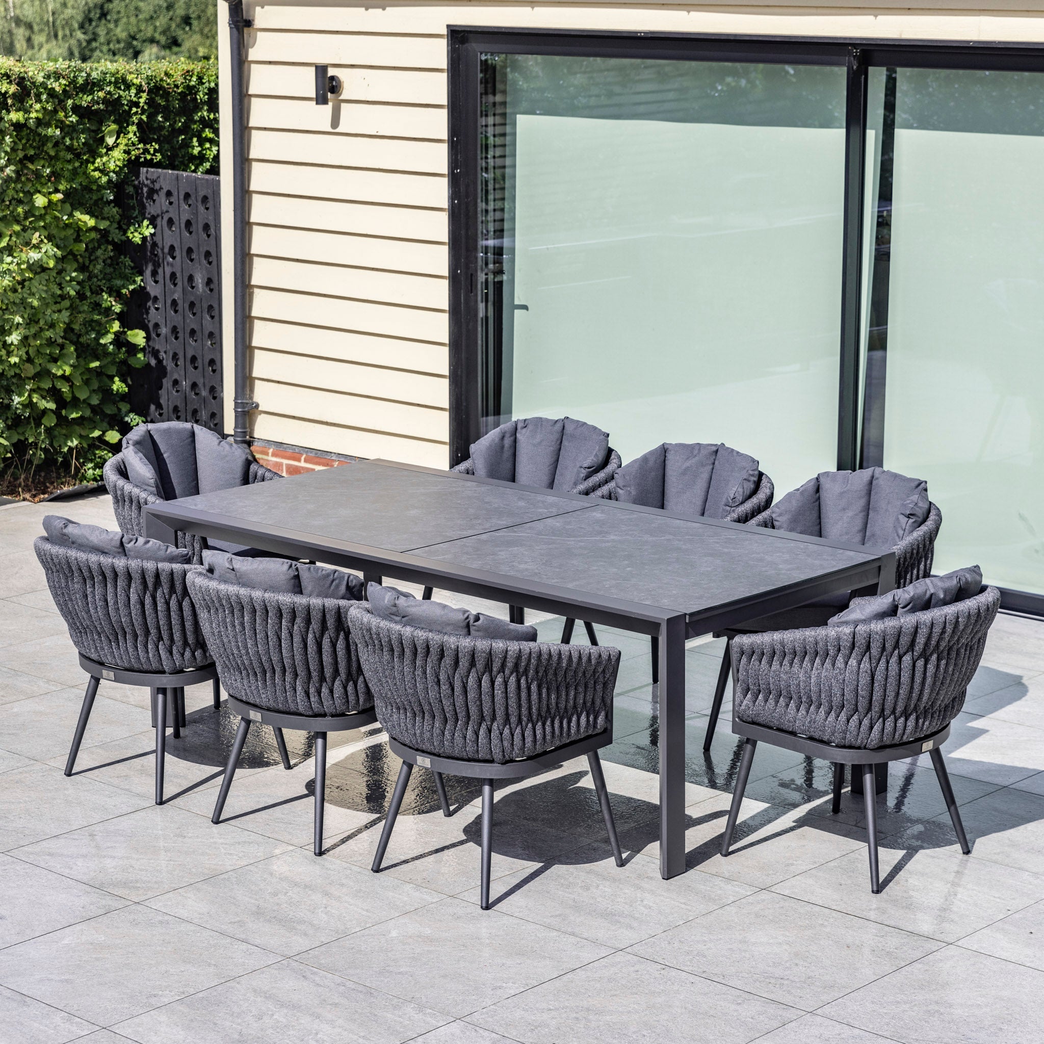 Palma 8 Seat Rope Extending Dining Set in Grey