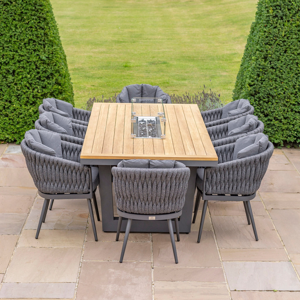 Palma 8 Seat Rope Rectangular Teak Firepit Dining Set in Grey