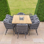 Palma 8 Seat Rope Rectangular Teak Firepit Dining Set in Grey