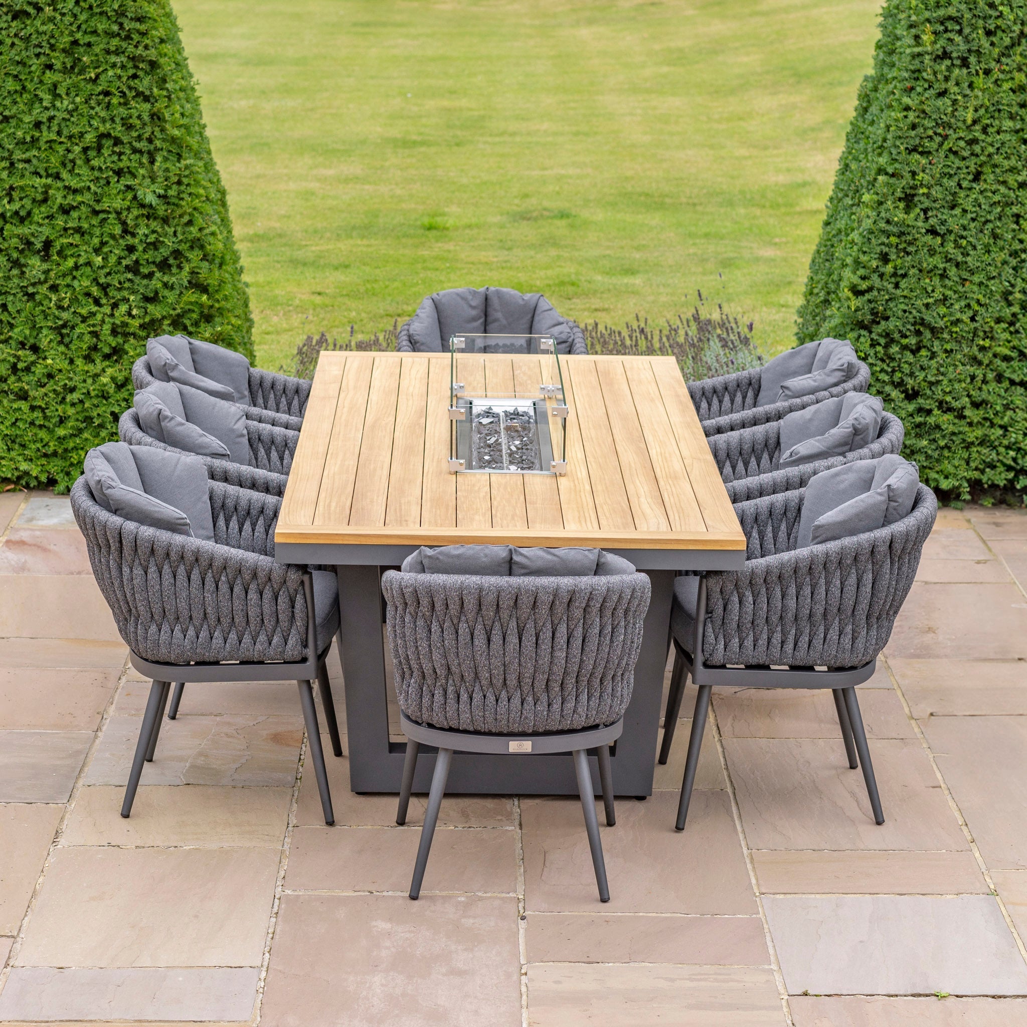 Palma 8 Seat Rope Rectangular Teak Firepit Dining Set in Grey