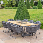 Palma 8 Seat Rope Rectangular Teak Firepit Dining Set in Grey