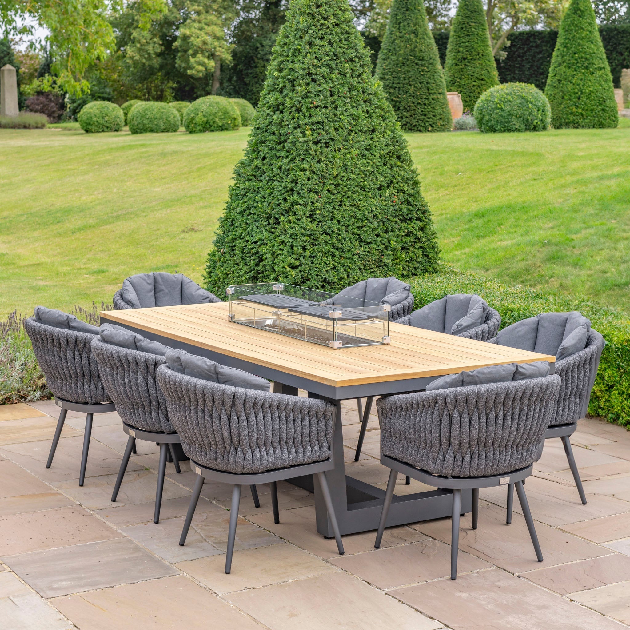 Palma 8 Seat Rope Rectangular Teak Firepit Dining Set in Grey