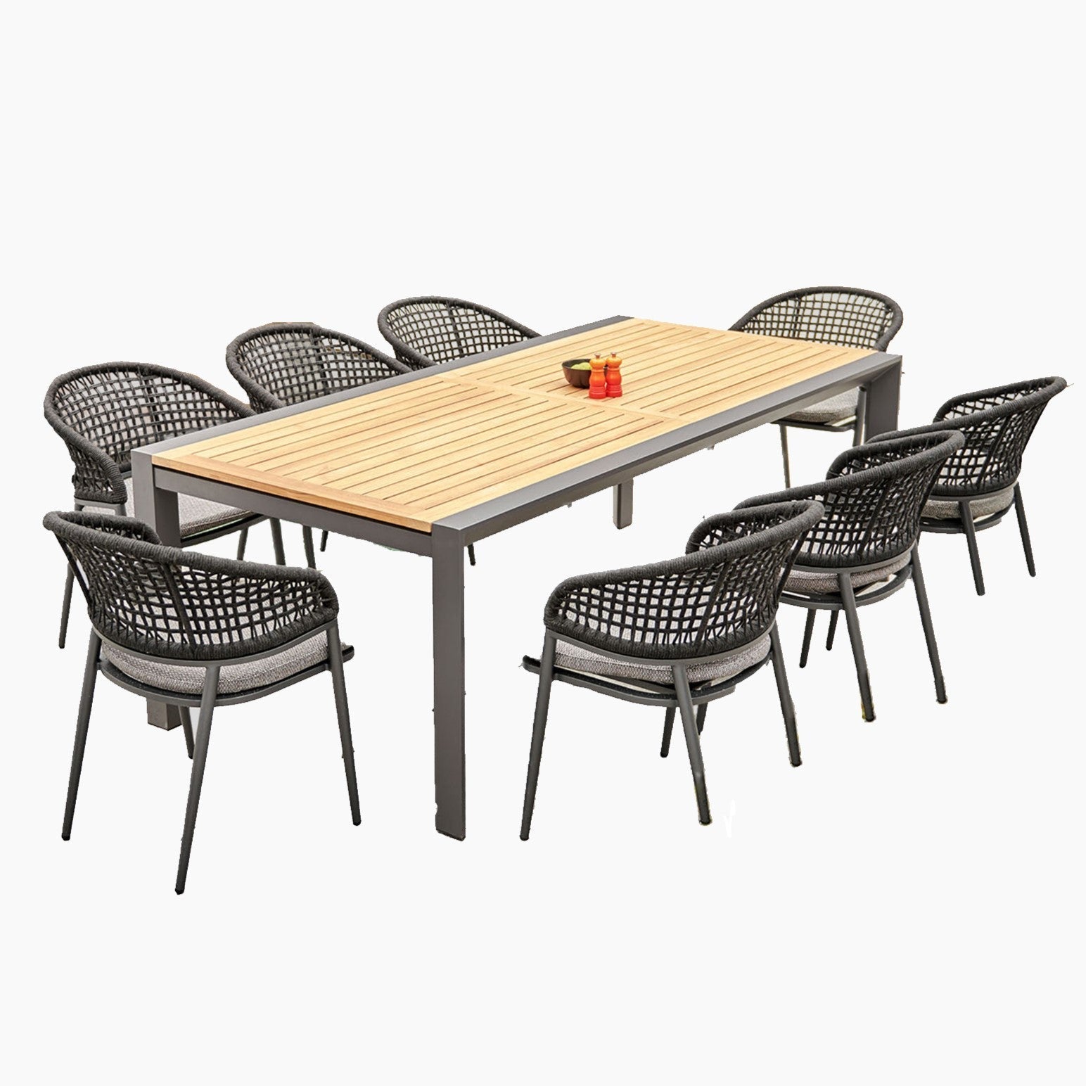 Kalama 10 Seat Rectangular Extending Dining Set with Teak Table in Charcoal
