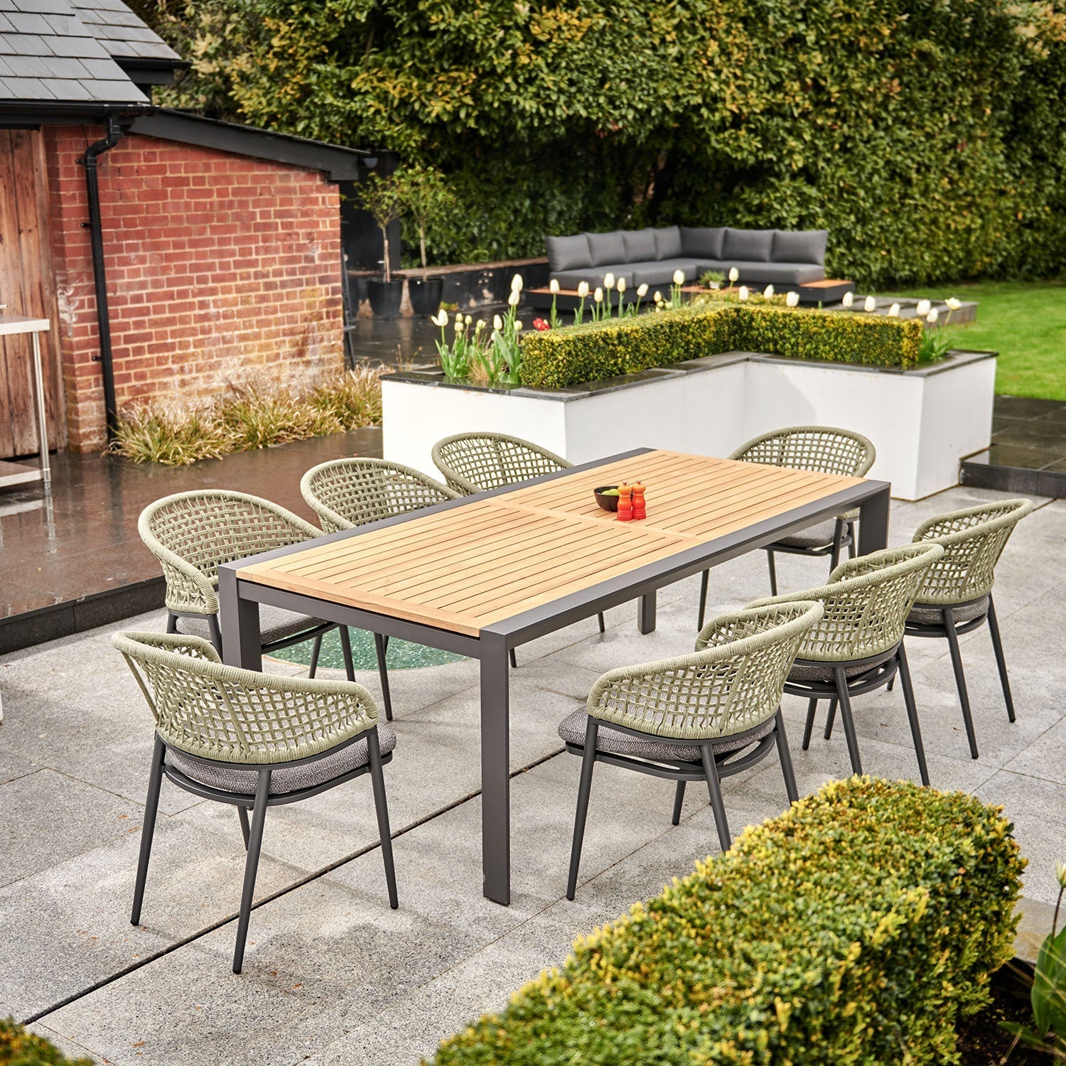 Kalama 10 Seat Rectangular Extending Dining Set with Teak Table in Olive Green