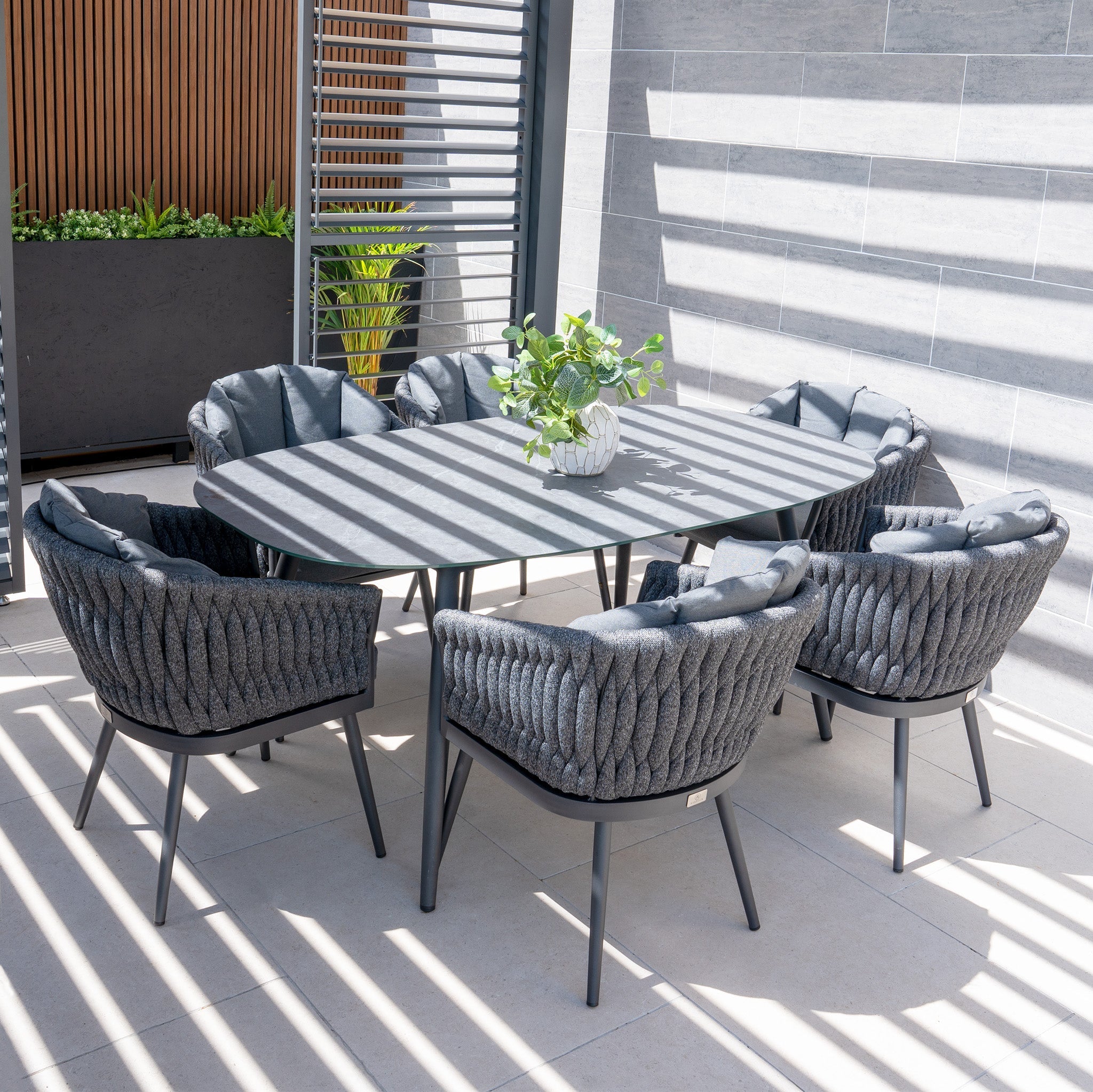 Palma 6 Seat Rope Oval Dining Set with Ceramic Table in Grey