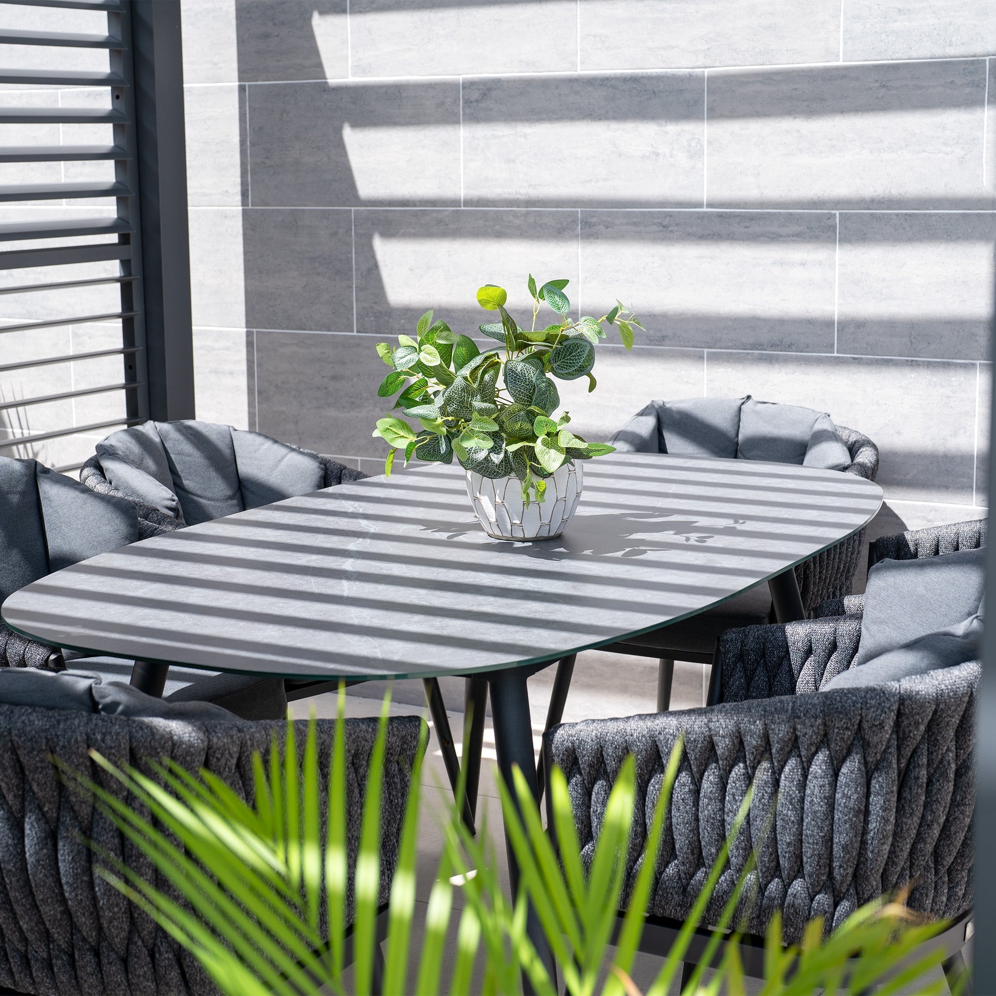 Palma 6 Seat Rope Oval Dining Set with Ceramic Table in Grey