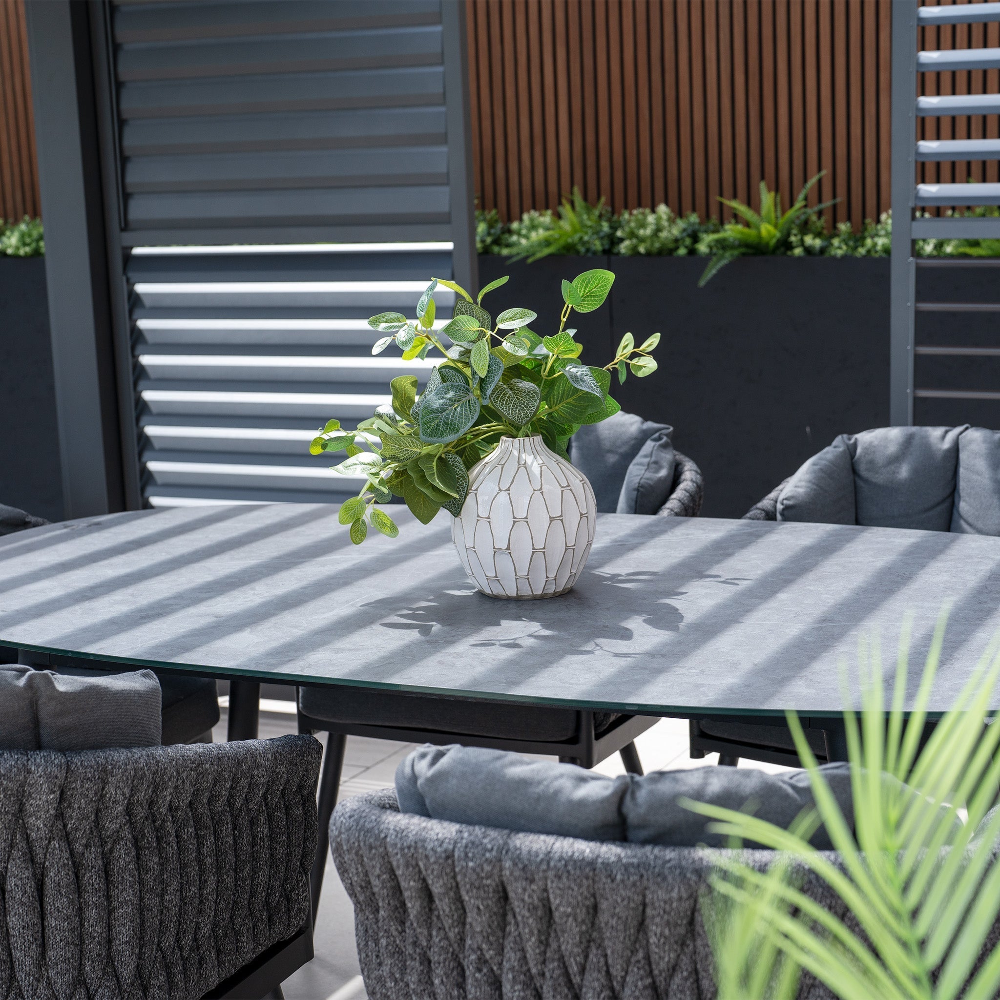 Palma 6 Seat Rope Oval Dining Set with Ceramic Table in Grey