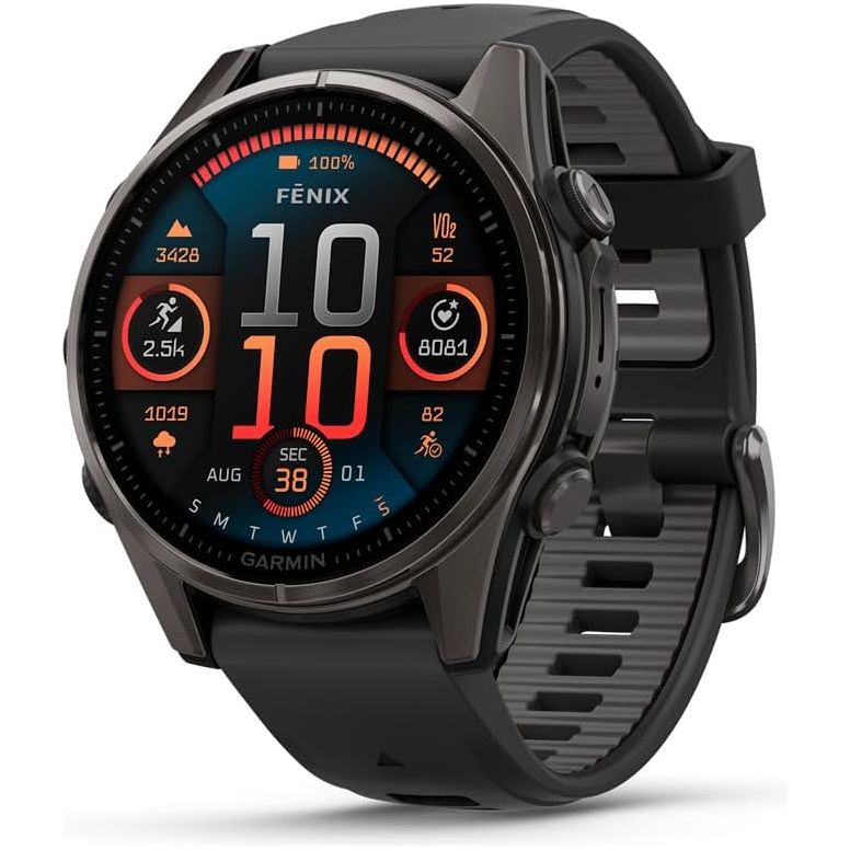 Garmin fēnix 8 43mm – AMOLED, Sapphire, GPS Multisport Smartwatch, Carbon Gray DLC Titanium, Pebble Gray Band