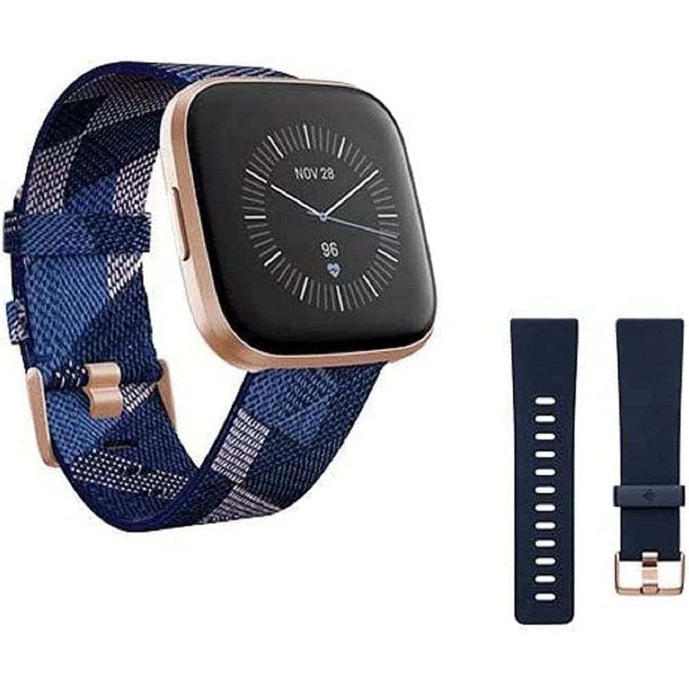 Fitbit Versa 2 Special Edition Health and Fitness Smart Watch with Heart Rate, Music, Alexa Built-In, Sleep and Swim Tracking, Navy and Pink Woven/Copper Rose, One Size (S and L Bands Included)