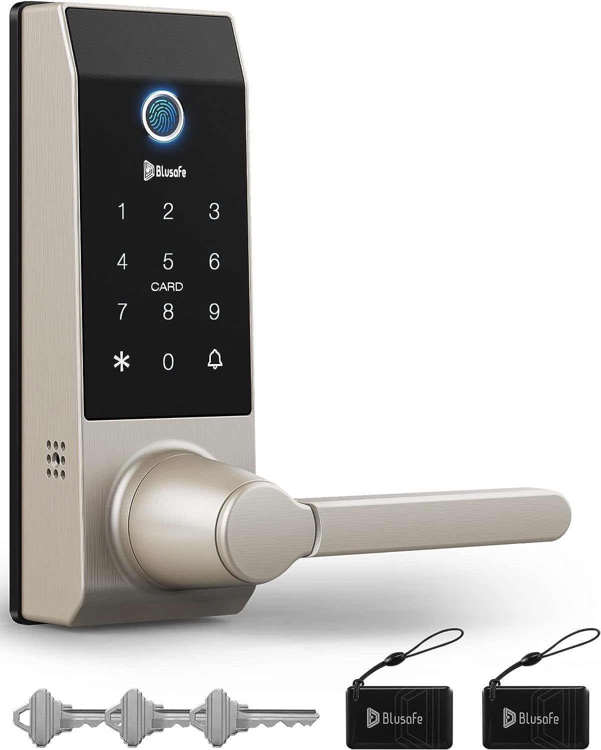 Contour Satin Nickel - Smart Lock Doorbell Fingerprint WiFi with Handle, App Control, Anti-Peeping, Auto Lock, IP65, Weatherproof, 3D Biometric for Front Entry Door Satin Nickel