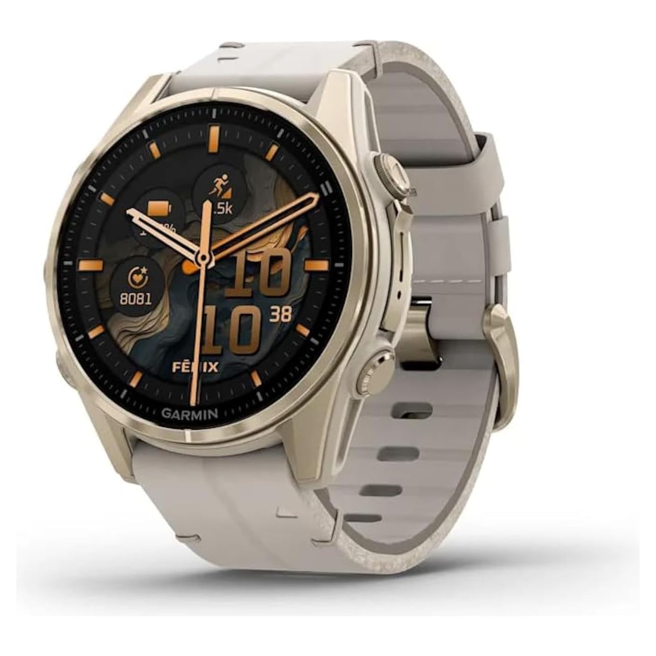 Garmin fēnix 8 43mm AMOLED - Sapphire, Soft Gold Stainless Steel with Fog Gray Leather Band & Fog Gray/Dark Sandstone Silicone Band