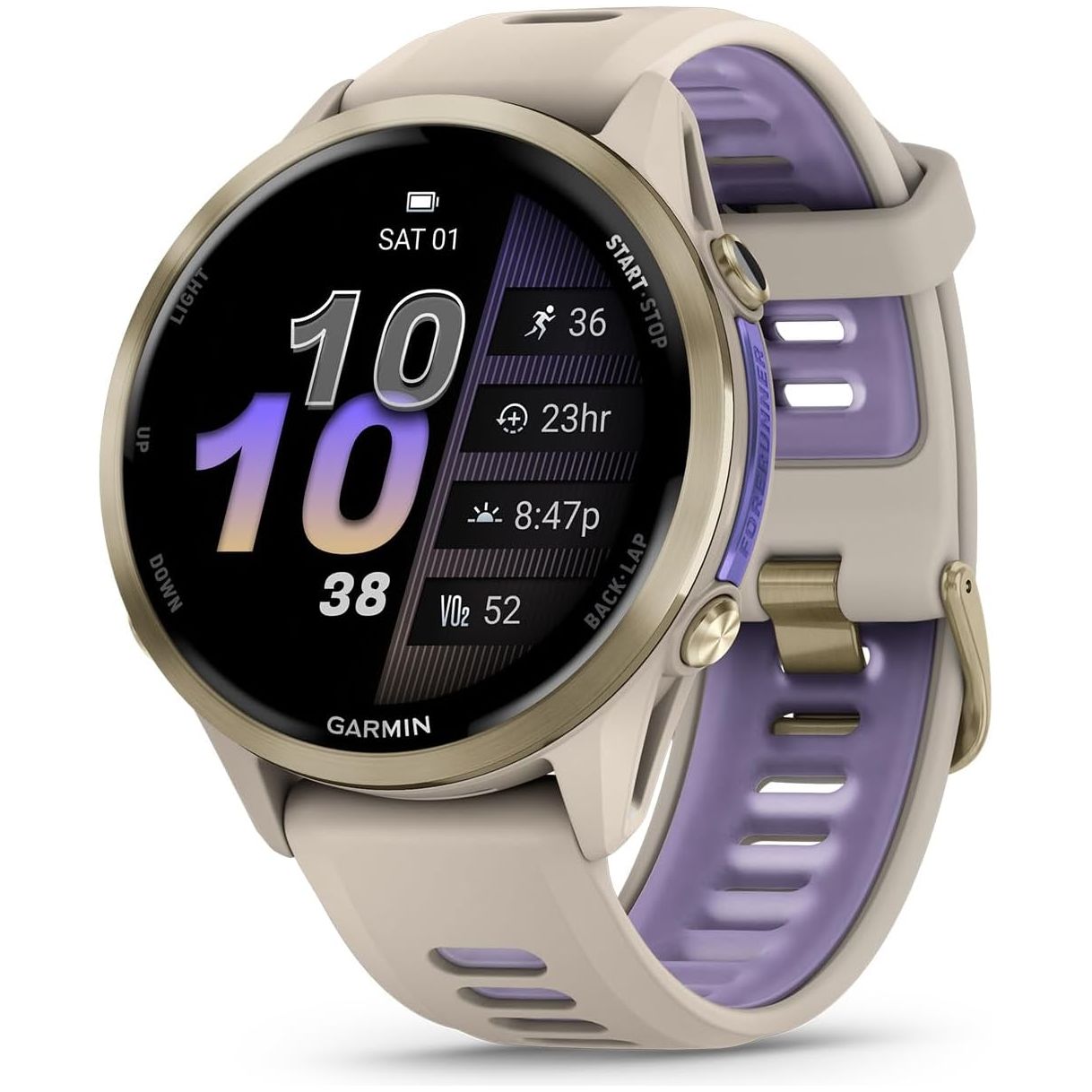 Garmin Forerunner 970 – Premium GPS Running & Triathlon Smartwatch with AMOLED Display, Built-in LED Flashlight, Soft Gold Titanium Case, French Gray/Translucent Indigo Band