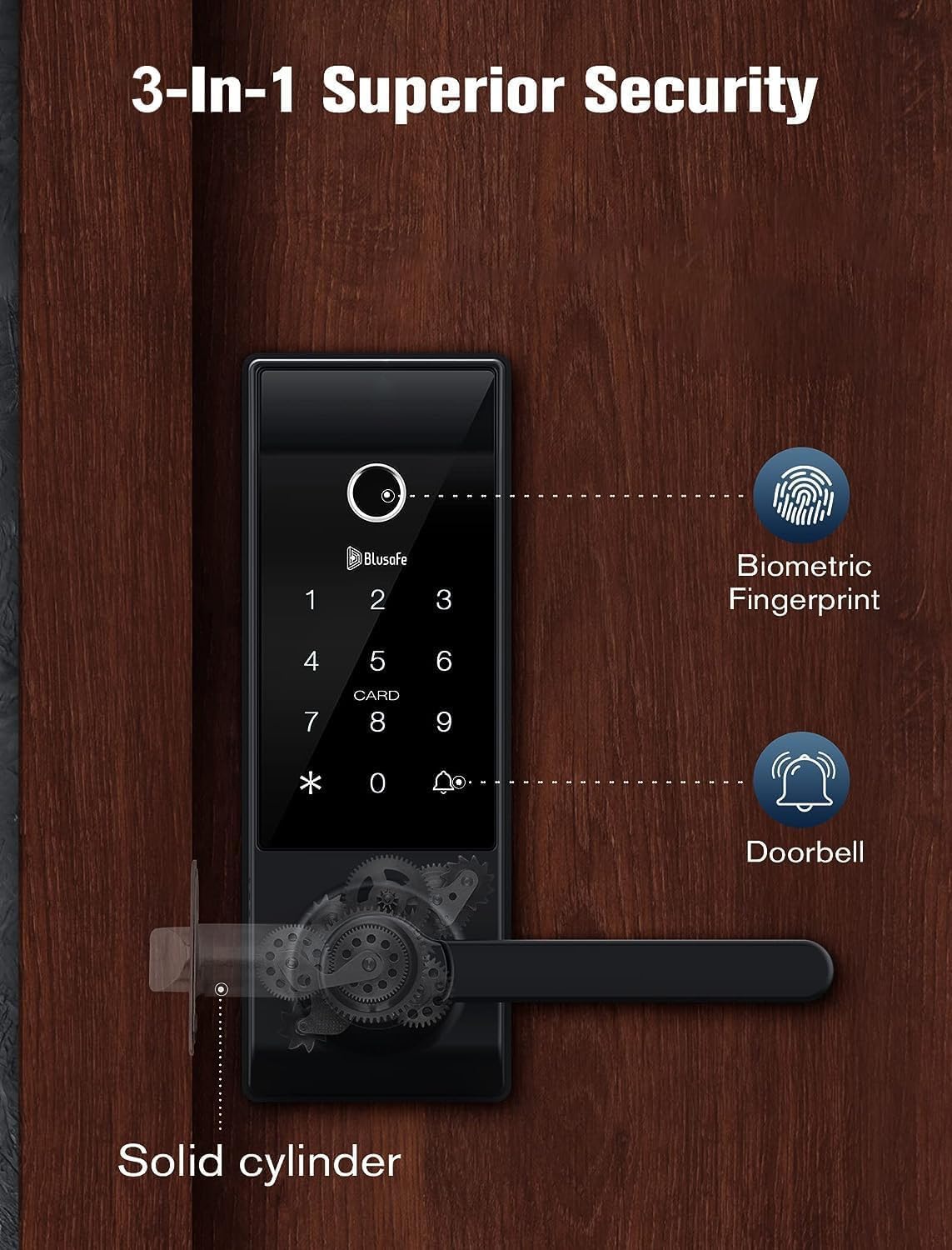 Contour Black - Smart Lock Doorbell Fingerprint WiFi with Handle, App Control, Anti-Peeping, Auto Lock, IP65, Weatherproof, 3D Biometric for Front Entry Door Black
