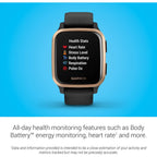 Garmin Venu Sq Music Amazon Exclusive GPS Smartwatch with All-day Health Monitoring and Fitness Features, Built-in Sports Apps and More, Black with Rose Gold Bezel