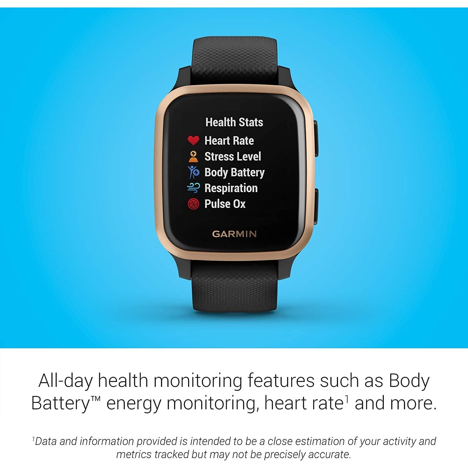 Garmin Venu Sq Music Amazon Exclusive GPS Smartwatch with All-day Health Monitoring and Fitness Features, Built-in Sports Apps and More, Black with Rose Gold Bezel