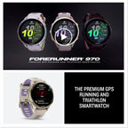 Garmin Forerunner 970 – Premium GPS Running & Triathlon Smartwatch with AMOLED Display, Built-in LED Flashlight, Soft Gold Titanium Case, French Gray/Translucent Indigo Band