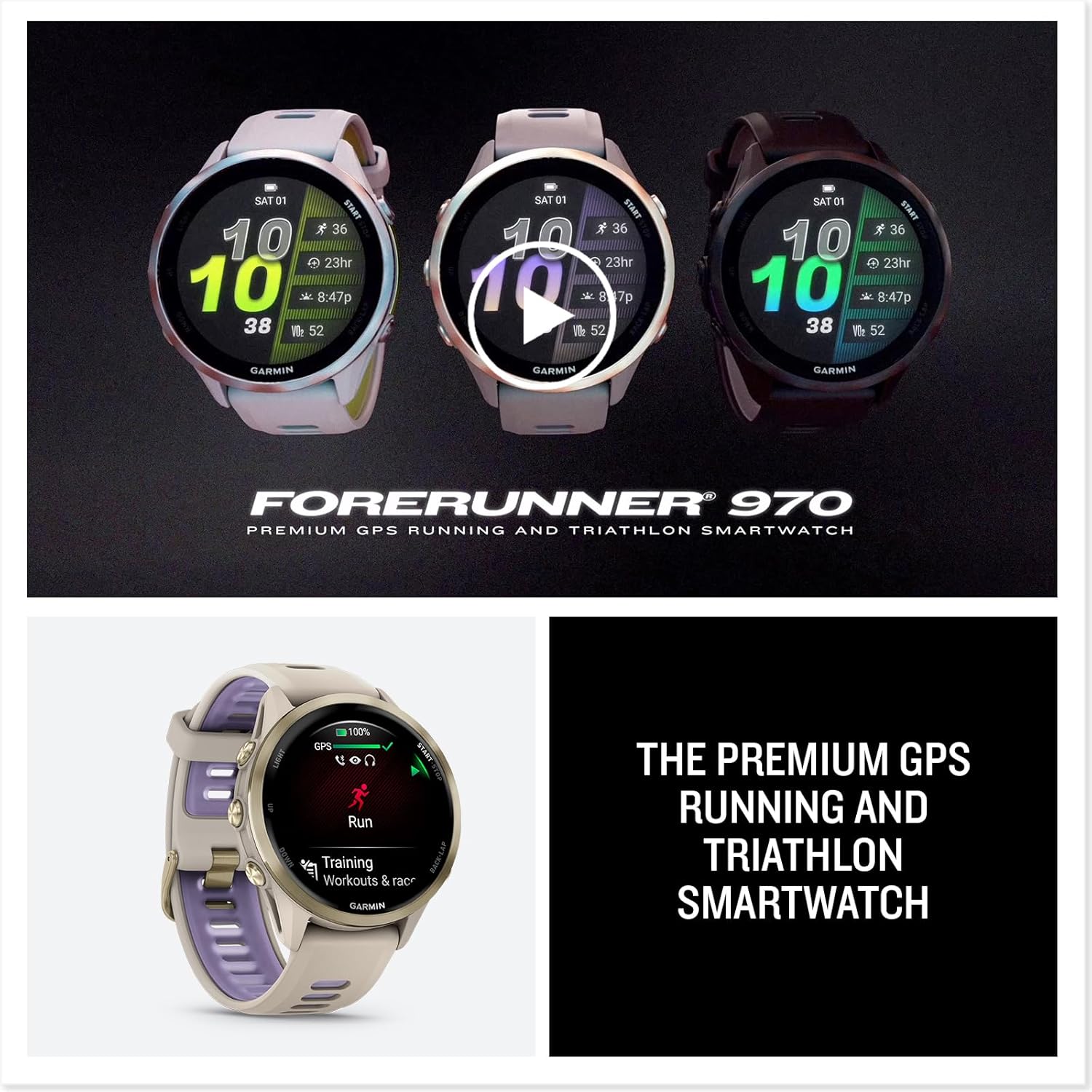 Garmin Forerunner 970 – Premium GPS Running & Triathlon Smartwatch with AMOLED Display, Built-in LED Flashlight, Soft Gold Titanium Case, French Gray/Translucent Indigo Band