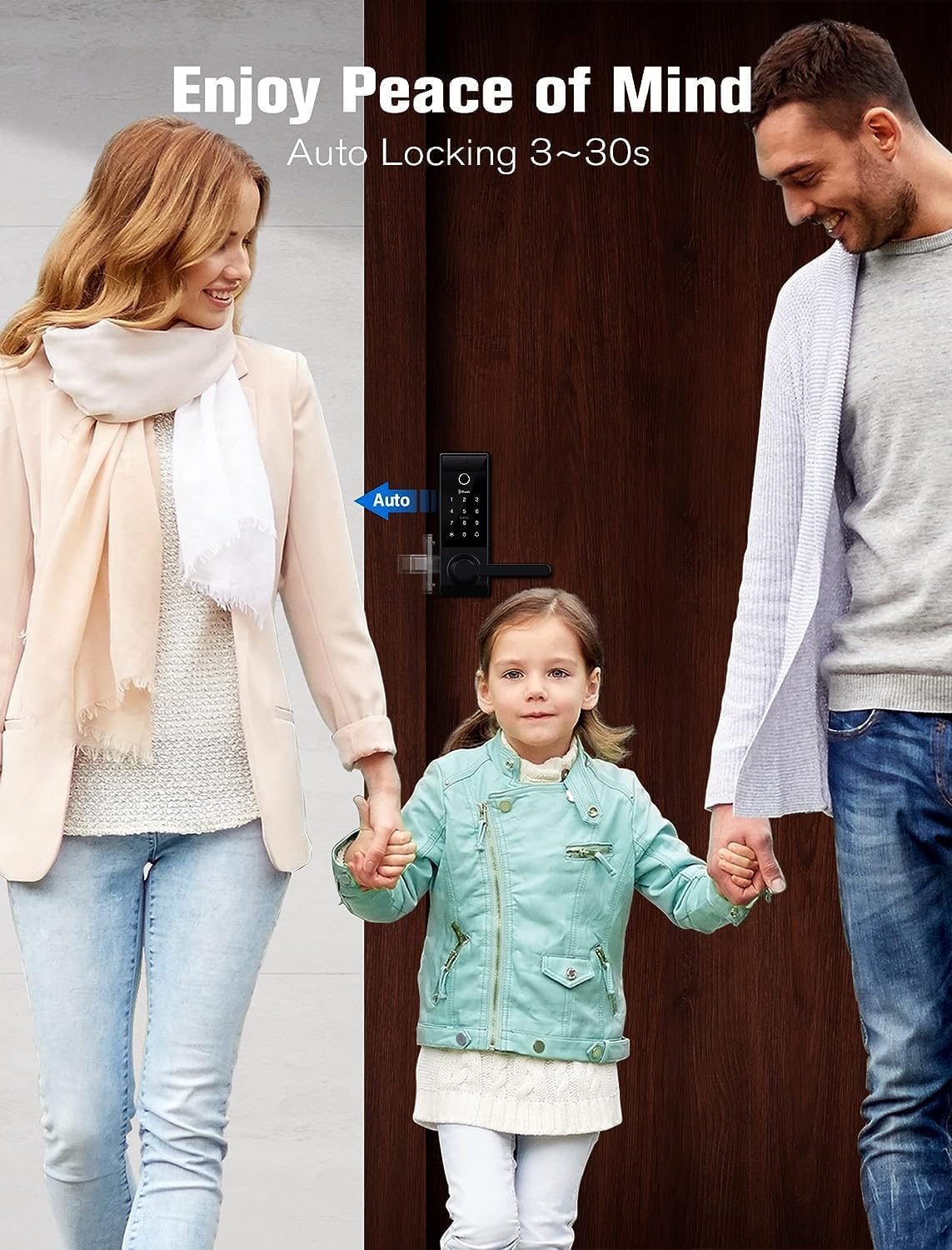 Contour Black - Smart Lock Doorbell Fingerprint WiFi with Handle, App Control, Anti-Peeping, Auto Lock, IP65, Weatherproof, 3D Biometric for Front Entry Door Black