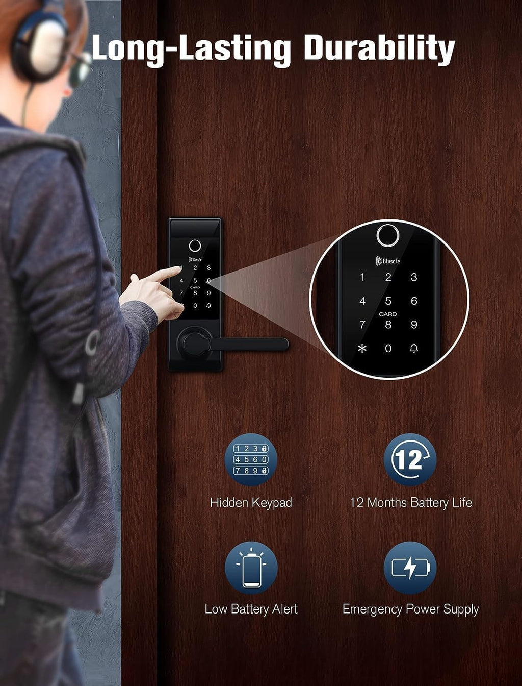 Contour Black - Smart Lock Doorbell Fingerprint WiFi with Handle, App Control, Anti-Peeping, Auto Lock, IP65, Weatherproof, 3D Biometric for Front Entry Door Black