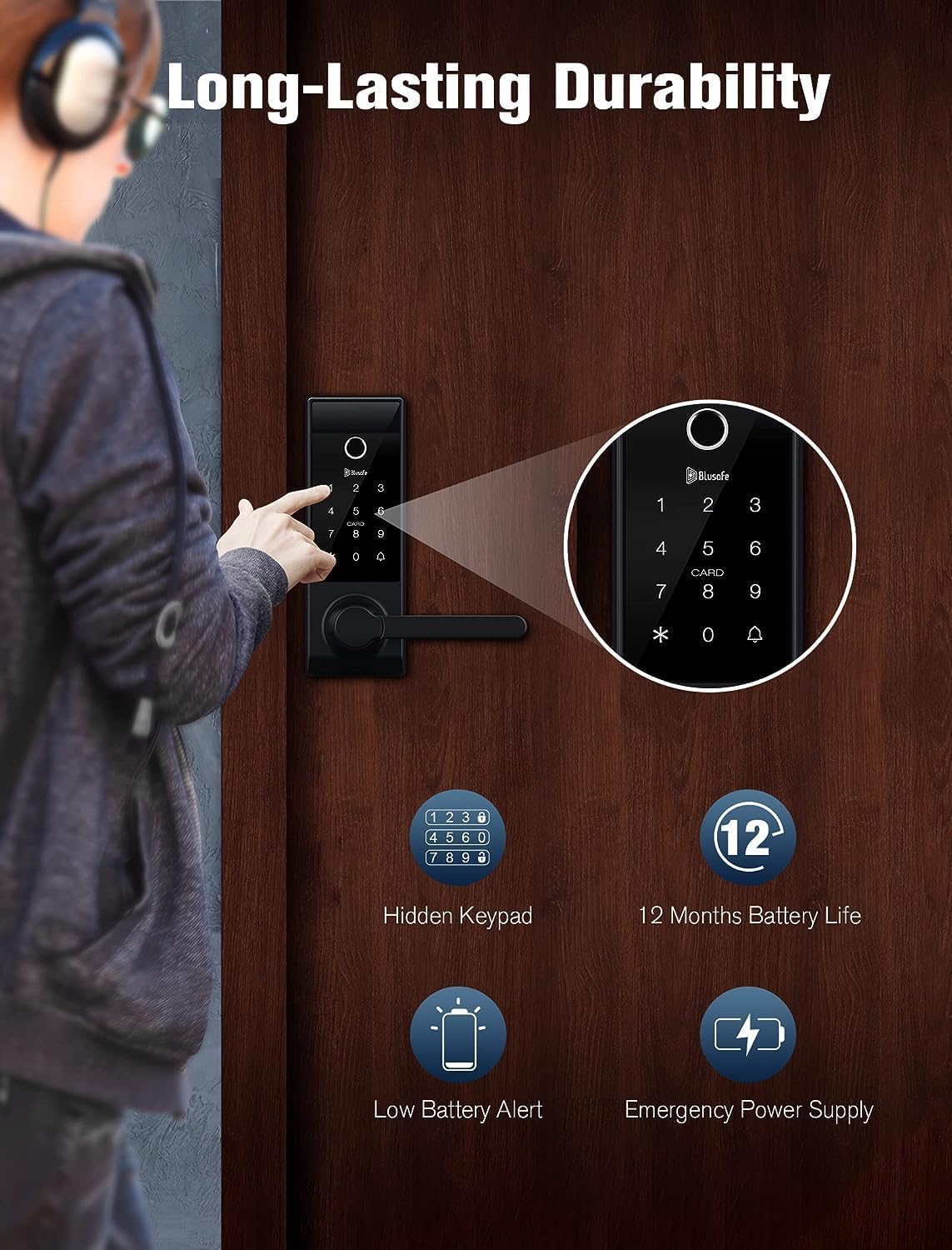 Contour Black - Smart Lock Doorbell Fingerprint WiFi with Handle, App Control, Anti-Peeping, Auto Lock, IP65, Weatherproof, 3D Biometric for Front Entry Door Black