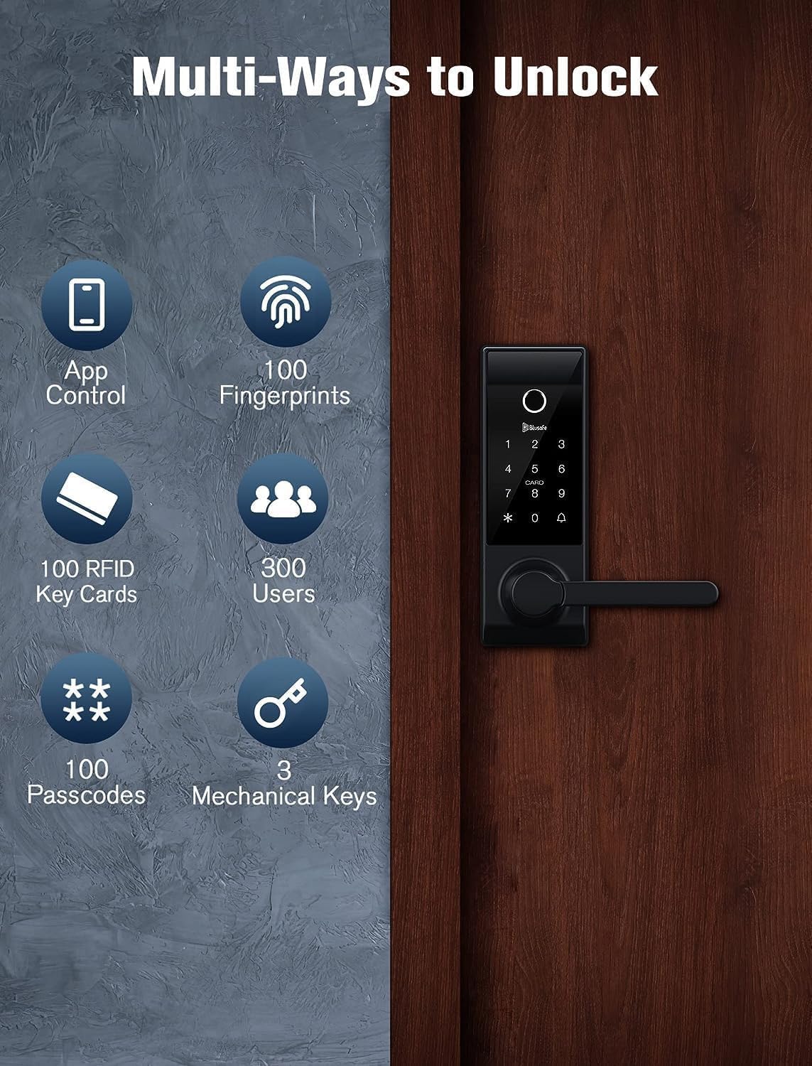 Contour Black - Smart Lock Doorbell Fingerprint WiFi with Handle, App Control, Anti-Peeping, Auto Lock, IP65, Weatherproof, 3D Biometric for Front Entry Door Black