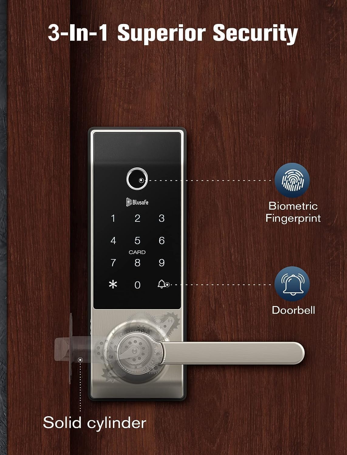 Contour Satin Nickel - Smart Lock Doorbell Fingerprint WiFi with Handle, App Control, Anti-Peeping, Auto Lock, IP65, Weatherproof, 3D Biometric for Front Entry Door Satin Nickel