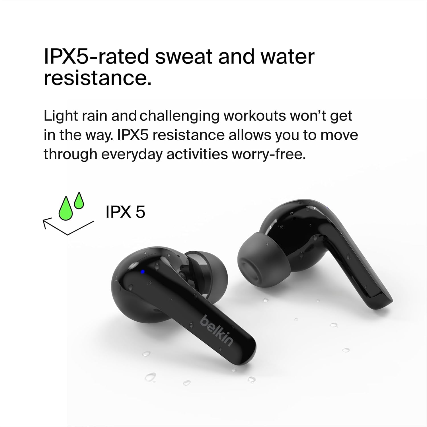 Belkin SoundForm Motion True Wireless Earbuds – Wireless Charging Case, Dual Mic, IPX5 Water Resistant, Bluetooth, Black