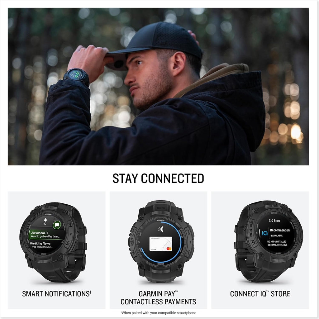 Garmin Instinct 3 Tactical Edition – 50mm AMOLED Rugged GPS Smartwatch, Built-in Sports Apps, Health Monitoring, LED Flashlight, Shock Resistant, 10ATM, Up to 24 Days Battery Life – Black