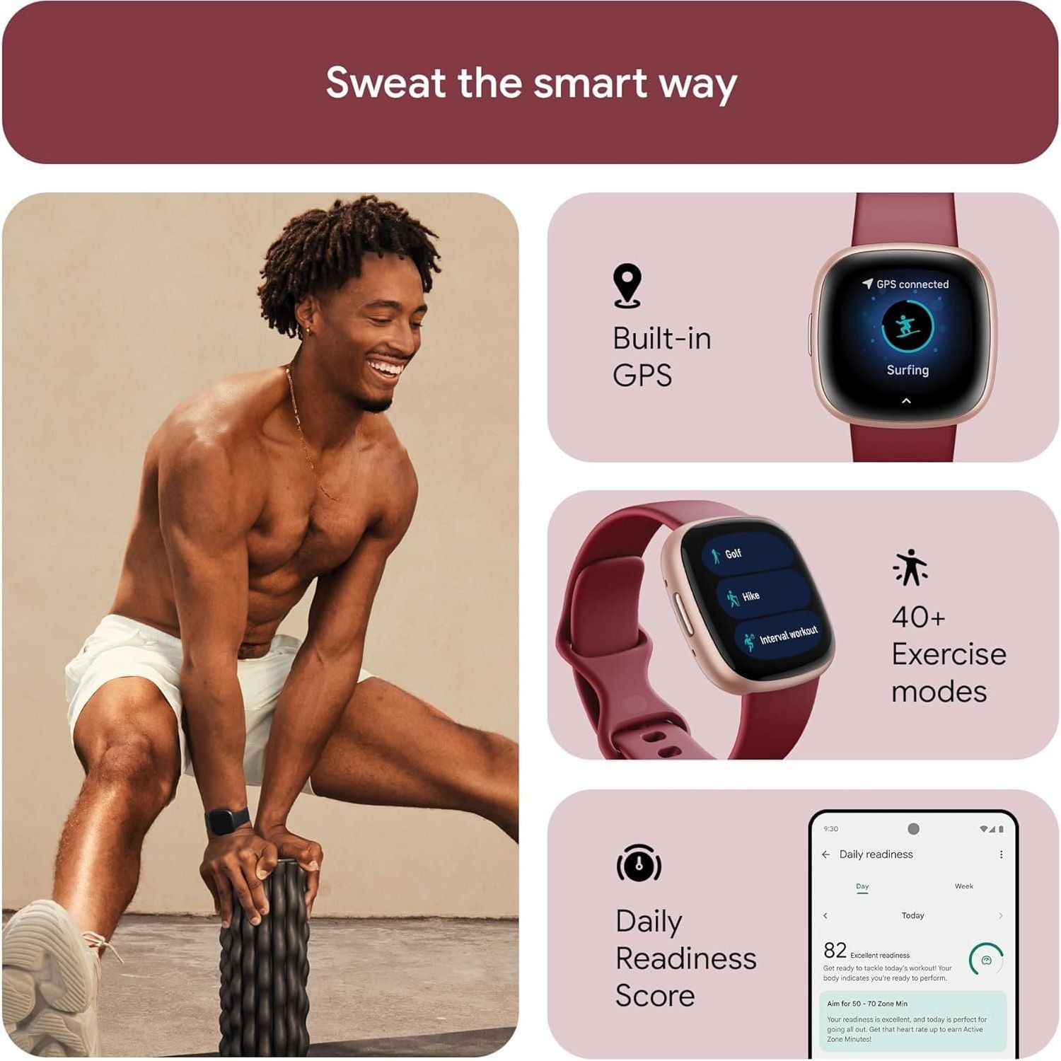 Fitbit Versa 4 Fitness Smartwatch with built-in GPS and up to 6 days battery life - compatible with Android and iOS.