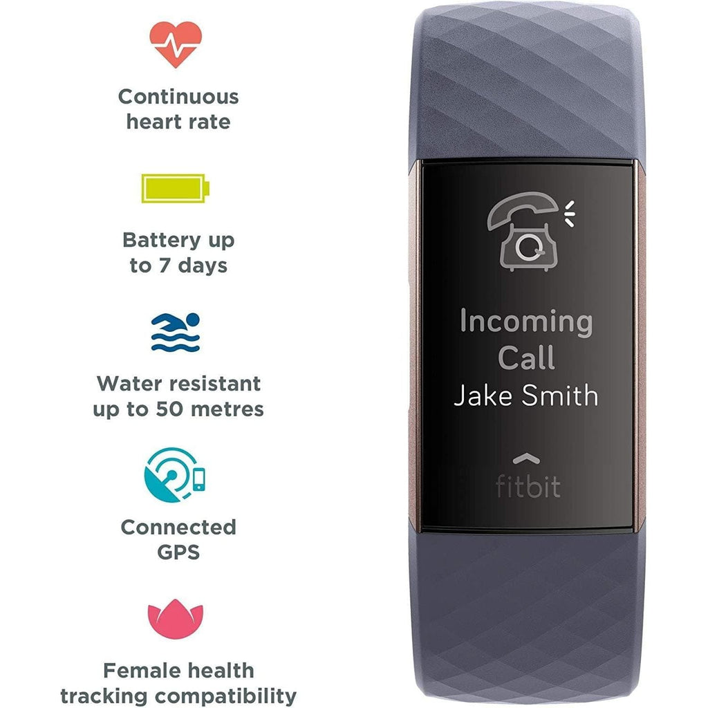 Fitbit Charge 3 Advanced Fitness Tracker with Heart Rate, Swim Tracking & 7 Day Battery - Rose-Gold/Grey, One Size
