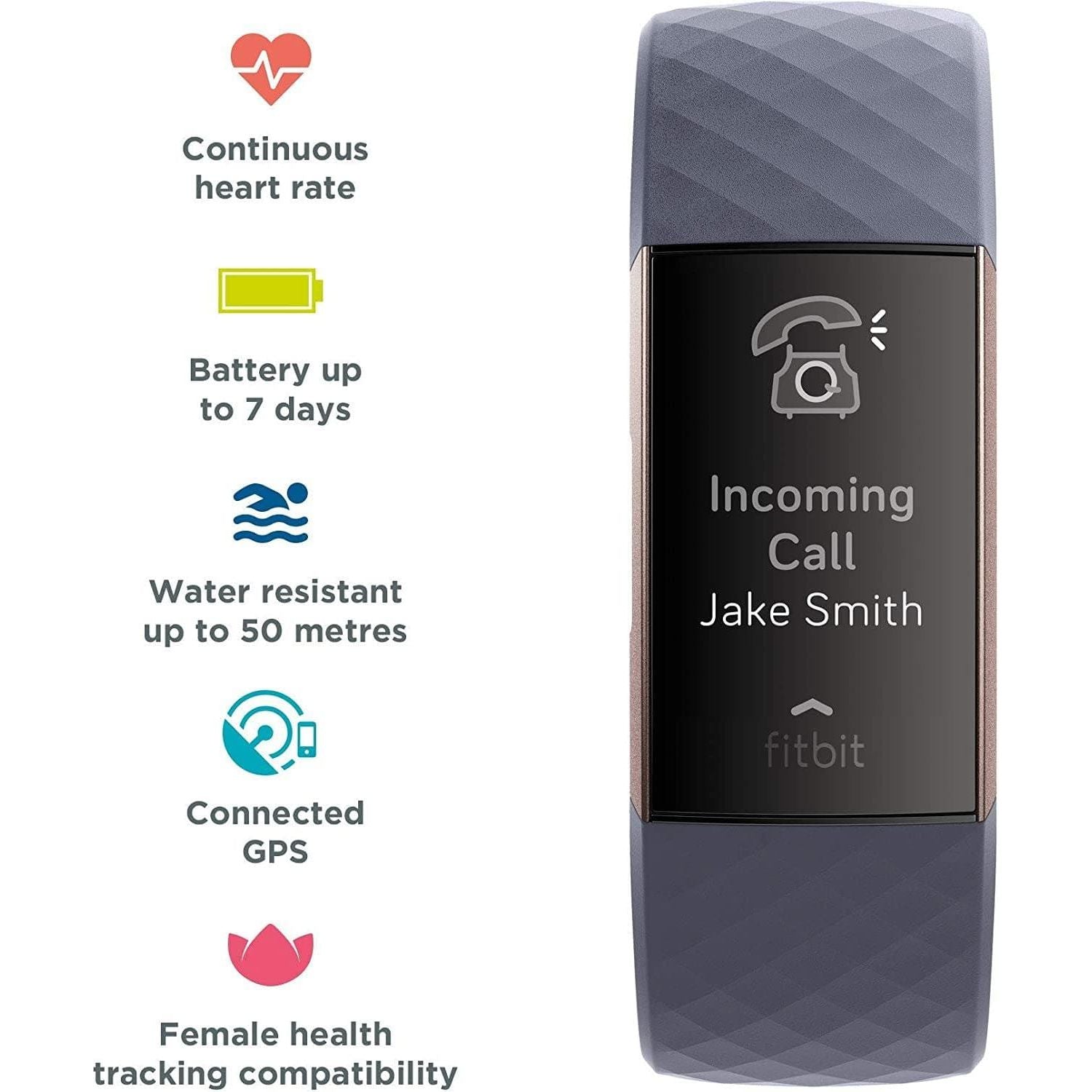 Fitbit Charge 3 Advanced Fitness Tracker with Heart Rate, Swim Tracking & 7 Day Battery - Rose-Gold/Grey, One Size