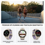 Garmin Forerunner 970 – Premium GPS Running & Triathlon Smartwatch with AMOLED Display, Built-in LED Flashlight, Soft Gold Titanium Case, French Gray/Translucent Indigo Band