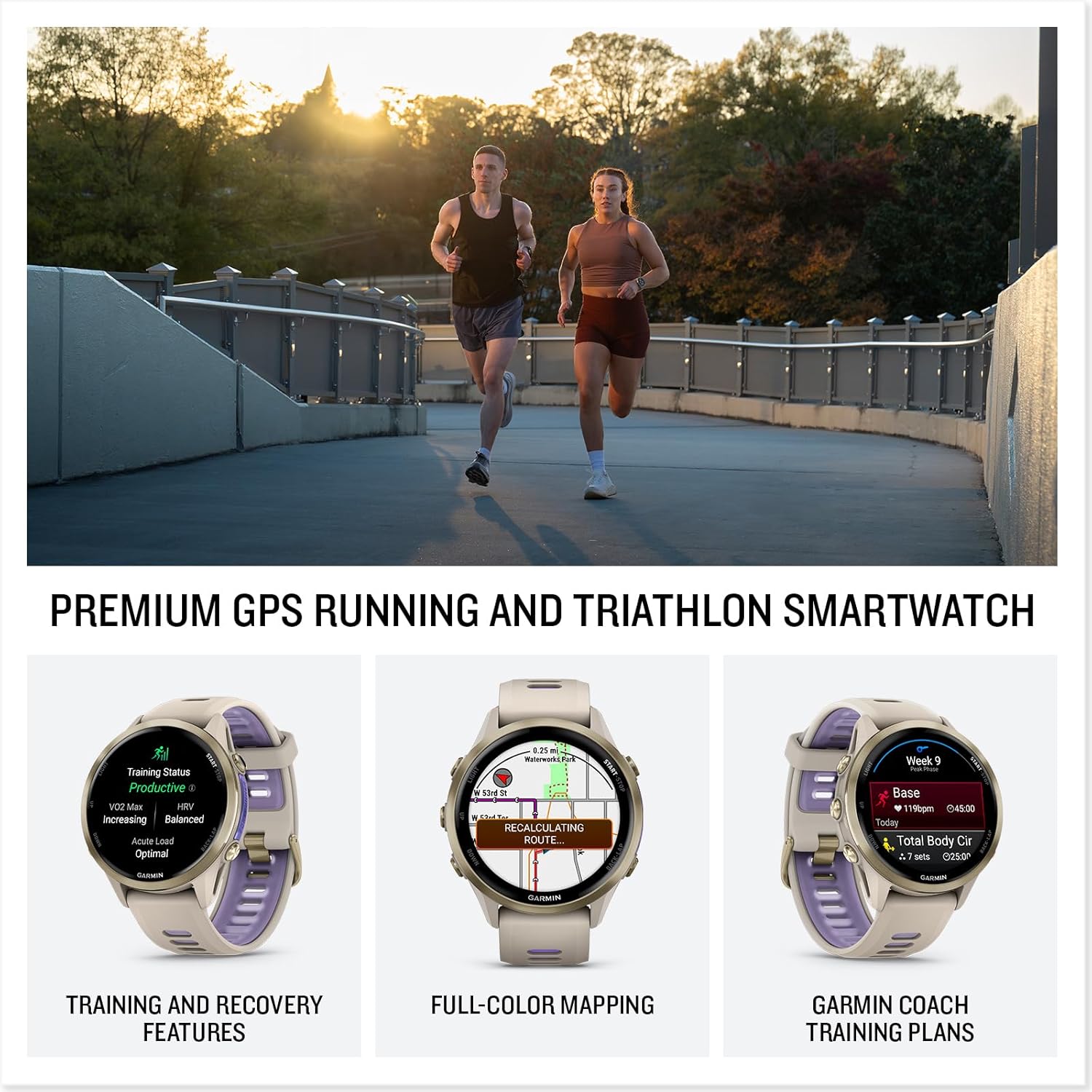 Garmin Forerunner 970 – Premium GPS Running & Triathlon Smartwatch with AMOLED Display, Built-in LED Flashlight, Soft Gold Titanium Case, French Gray/Translucent Indigo Band
