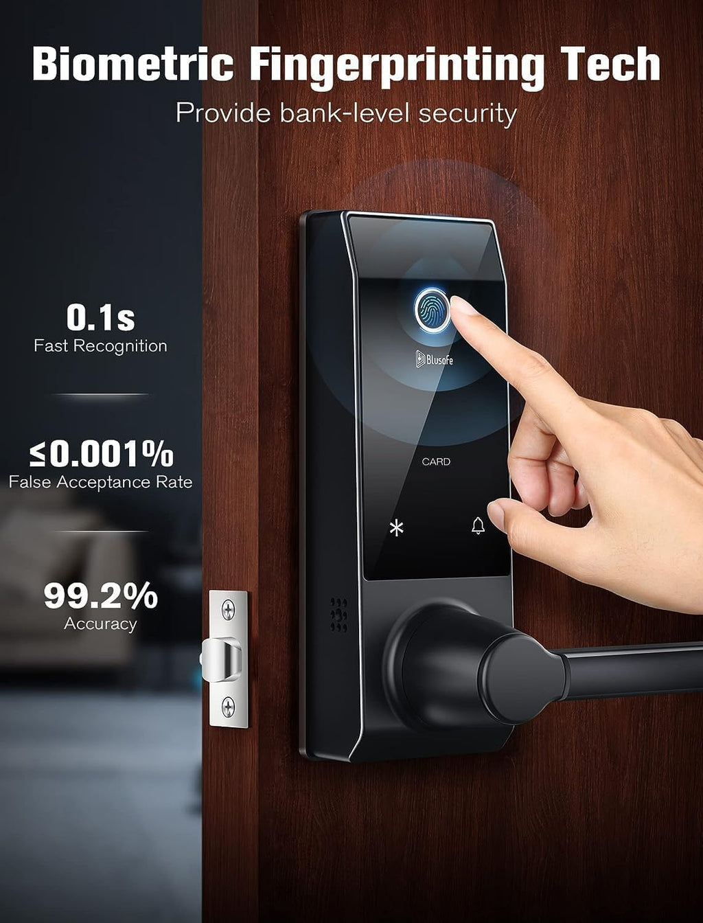 Contour Black - Smart Lock Doorbell Fingerprint WiFi with Handle, App Control, Anti-Peeping, Auto Lock, IP65, Weatherproof, 3D Biometric for Front Entry Door Black
