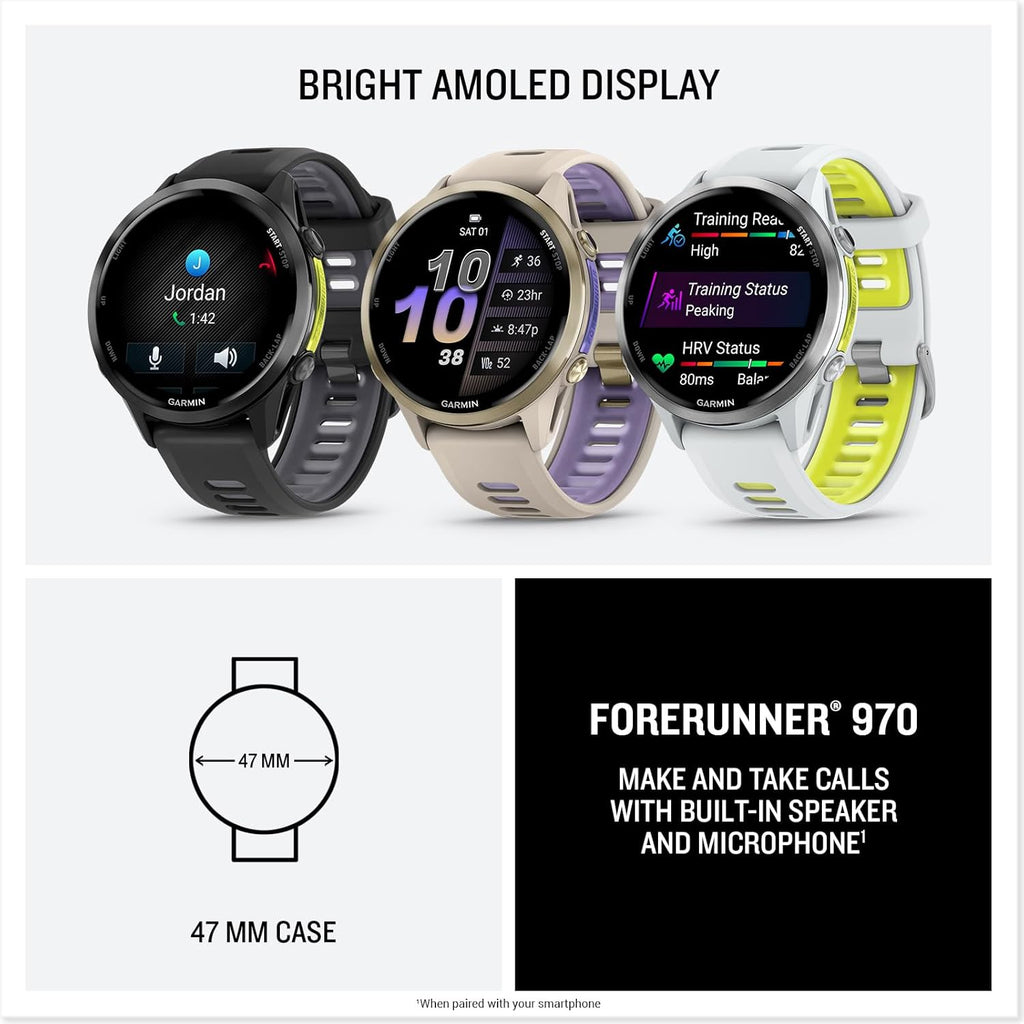 Garmin Forerunner 970 – Premium GPS Running & Triathlon Smartwatch with AMOLED Display, Built-in LED Flashlight, Titanium Case, Whitestone/Translucent Amp Yellow Band