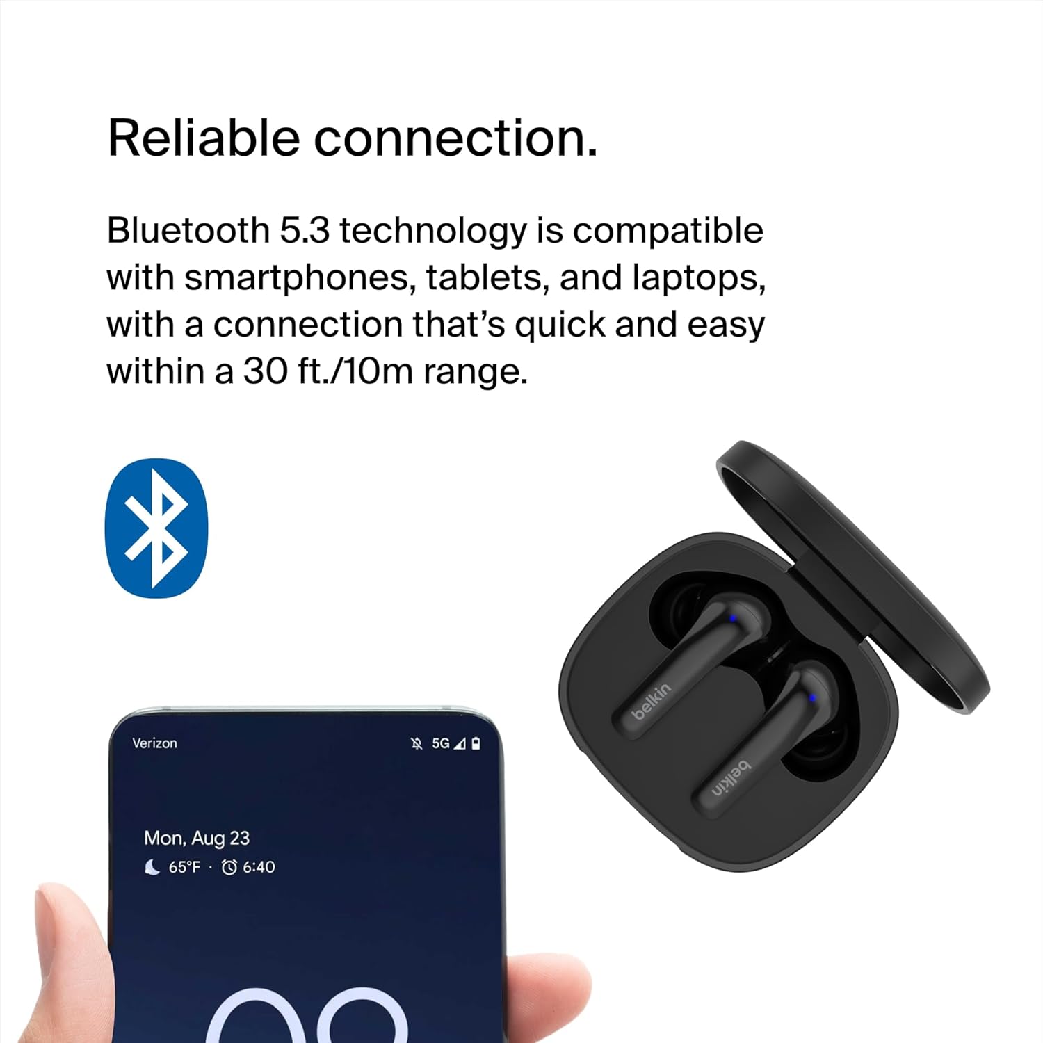 Belkin SoundForm Motion True Wireless Earbuds – Wireless Charging Case, Dual Mic, IPX5 Water Resistant, Bluetooth, Black