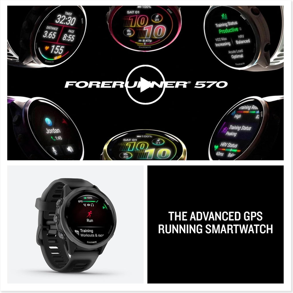 Garmin Forerunner 570 – 42mm Advanced GPS Running & Triathlon Smartwatch, AMOLED Display, Slate Gray Aluminum with Translucent Black/Black Band