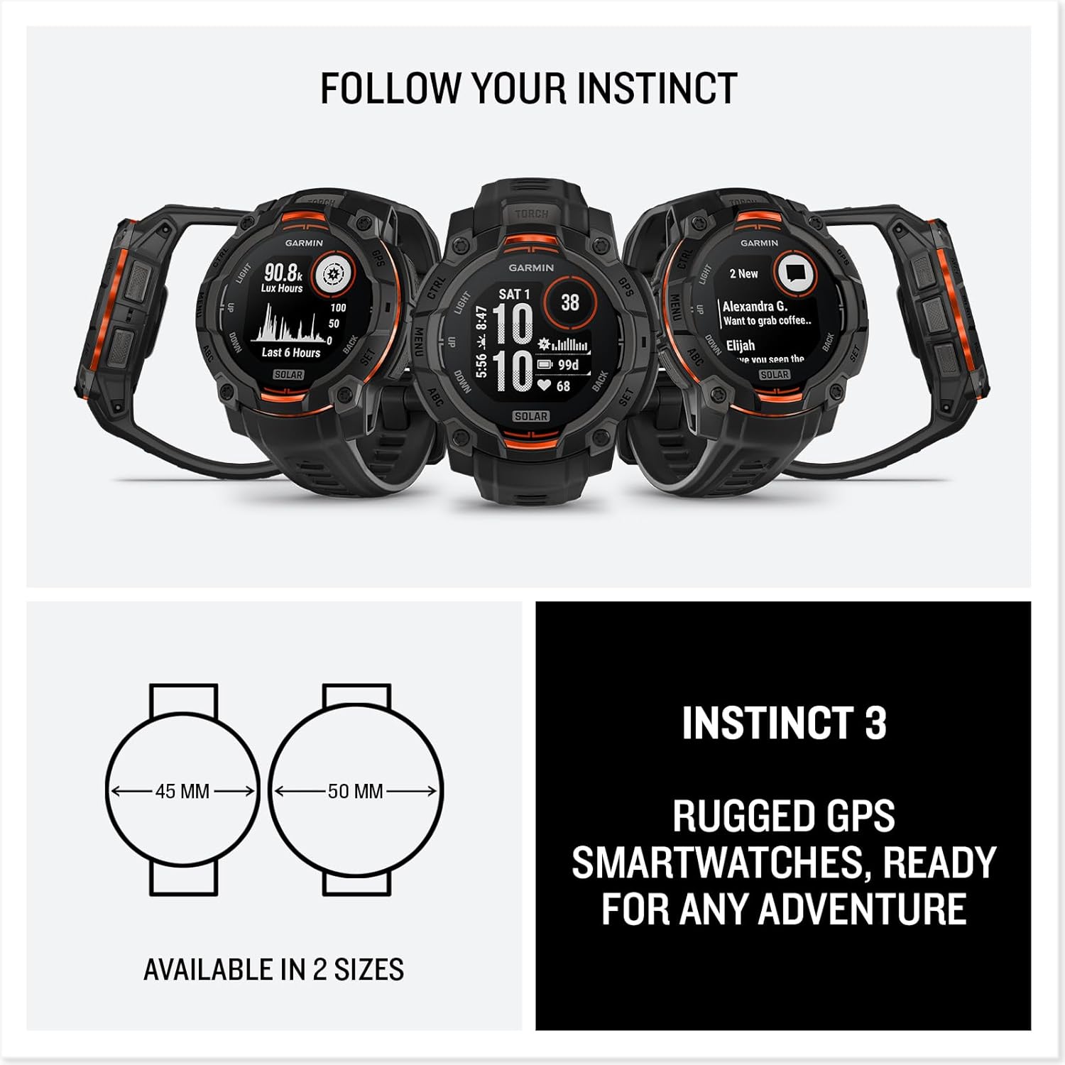 Garmin Instinct 3 Solar GPS Smartwatch – 45mm, Rugged Outdoor Design, Built-in Flashlight, Black