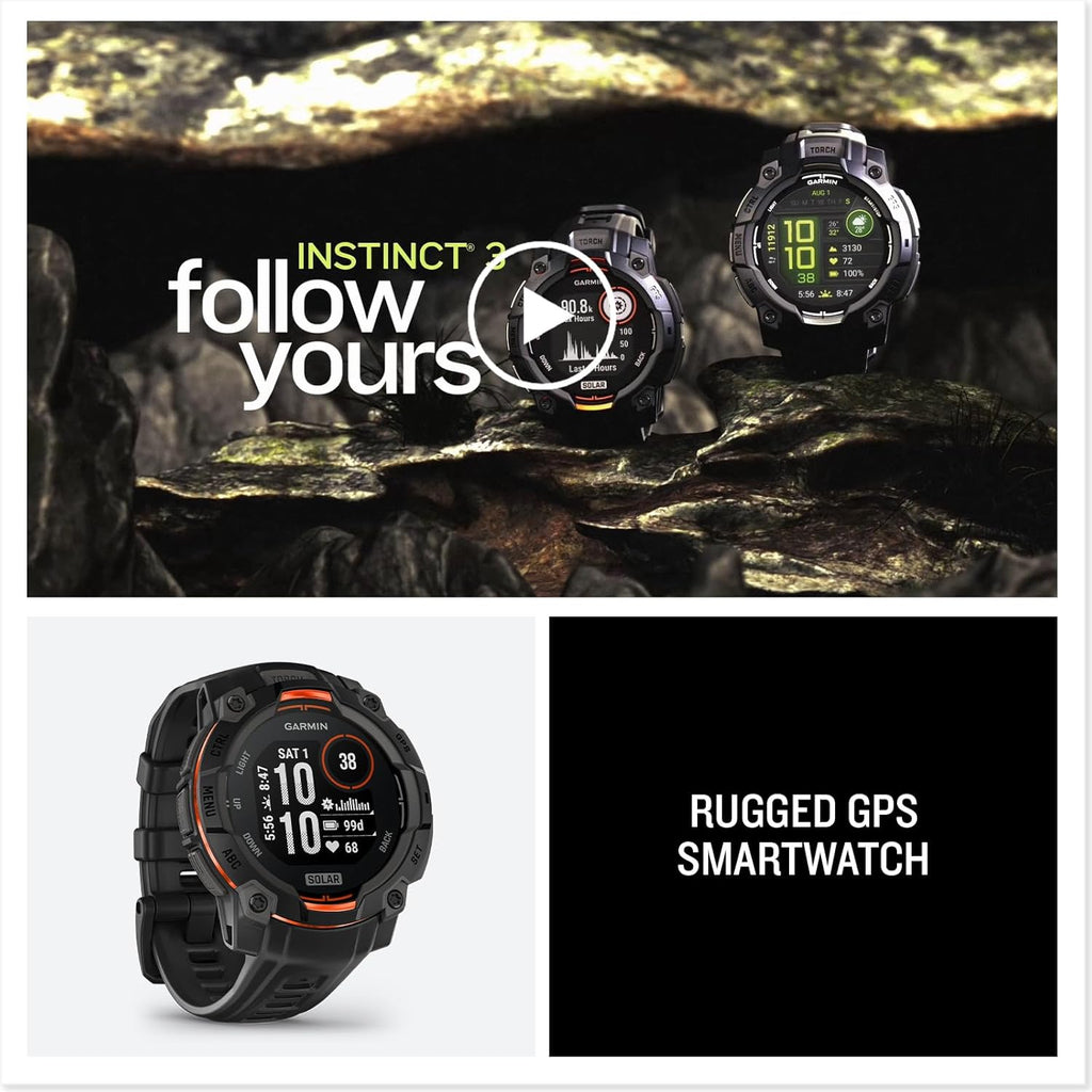 Garmin Instinct 3 Solar GPS Smartwatch – 45mm, Rugged Outdoor Design, Built-in Flashlight, Black