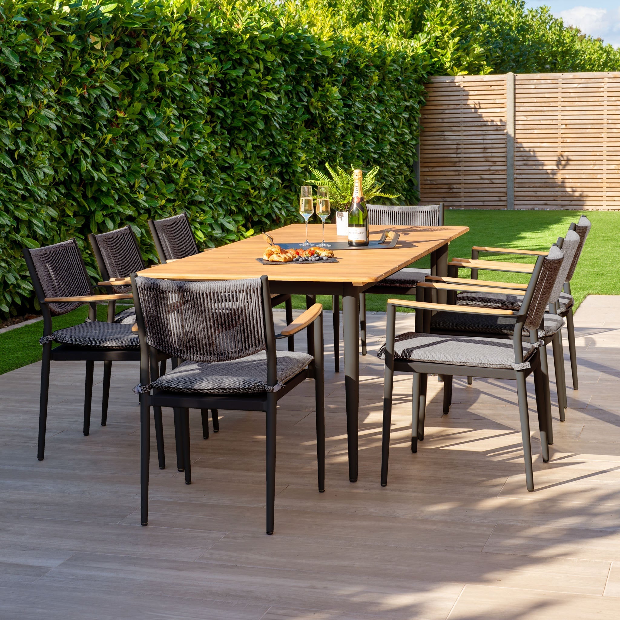 Tellaro 8 Seat Rectangular Dining Set with Teak Table in Charcoal