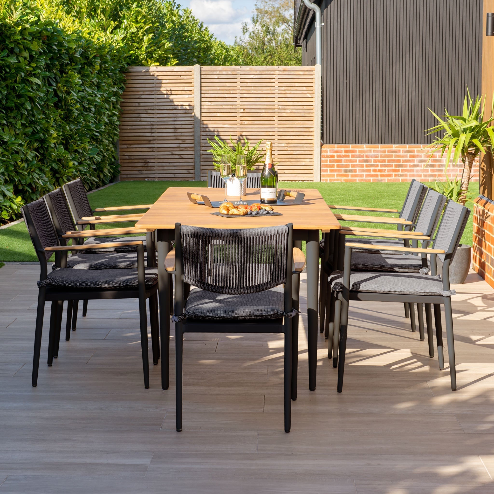 Tellaro 8 Seat Rectangular Dining Set with Teak Table in Charcoal