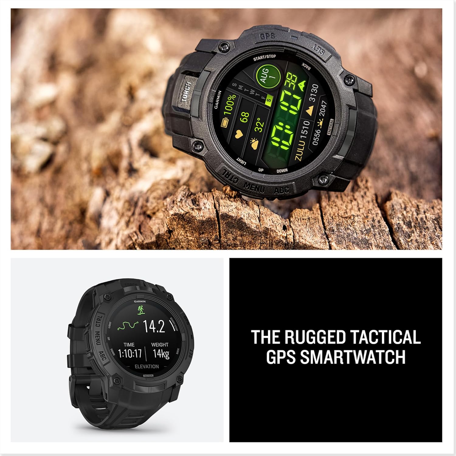 Garmin Instinct 3 Tactical Edition – 50mm AMOLED Rugged GPS Smartwatch, Built-in Sports Apps, Health Monitoring, LED Flashlight, Shock Resistant, 10ATM, Up to 24 Days Battery Life – Black
