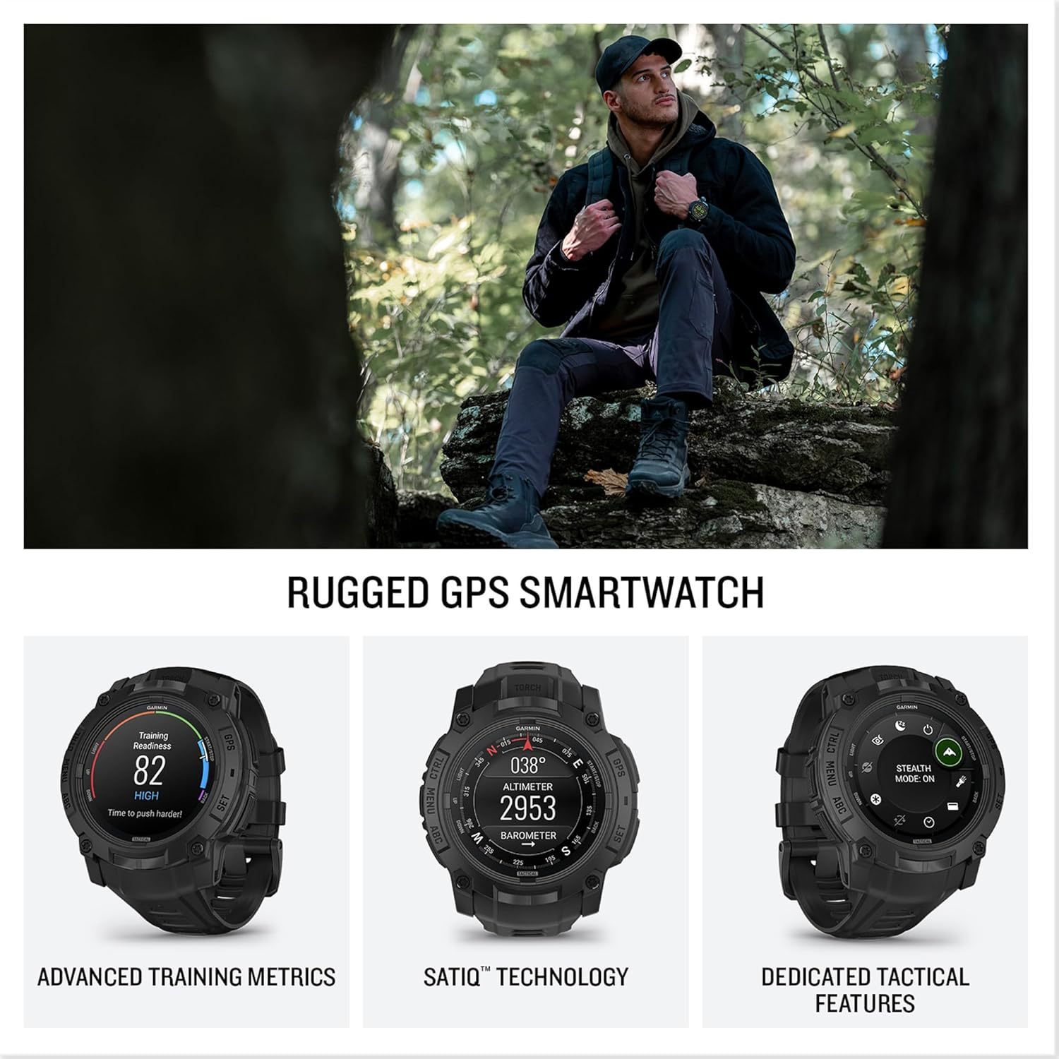 Garmin Instinct 3 Tactical Edition – 50mm AMOLED Rugged GPS Smartwatch, Built-in Sports Apps, Health Monitoring, LED Flashlight, Shock Resistant, 10ATM, Up to 24 Days Battery Life – Black