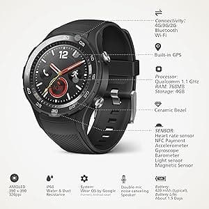 HUAWEI Watch 2 Sport Smartwatch, Fitness and Activities Tracker with Built-in GPS, Heart Rate, Music, Smart Notificatons, IP68-Life Waterproof - Black