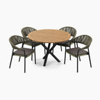 Cloverly 4 Seat Round Dining Set with Teak Table Top in Olive Green