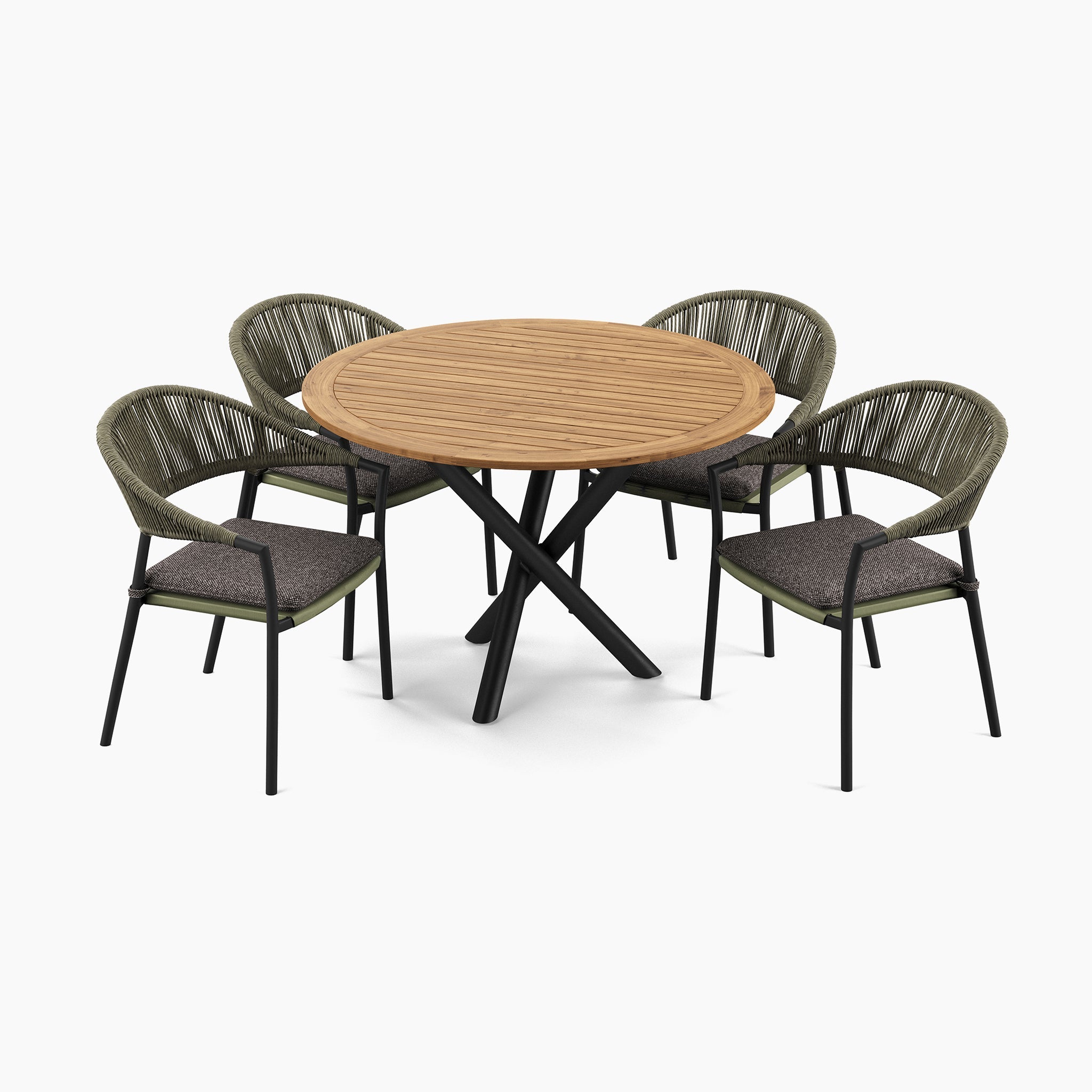 Cloverly 4 Seat Round Dining Set with Teak Table Top in Olive Green