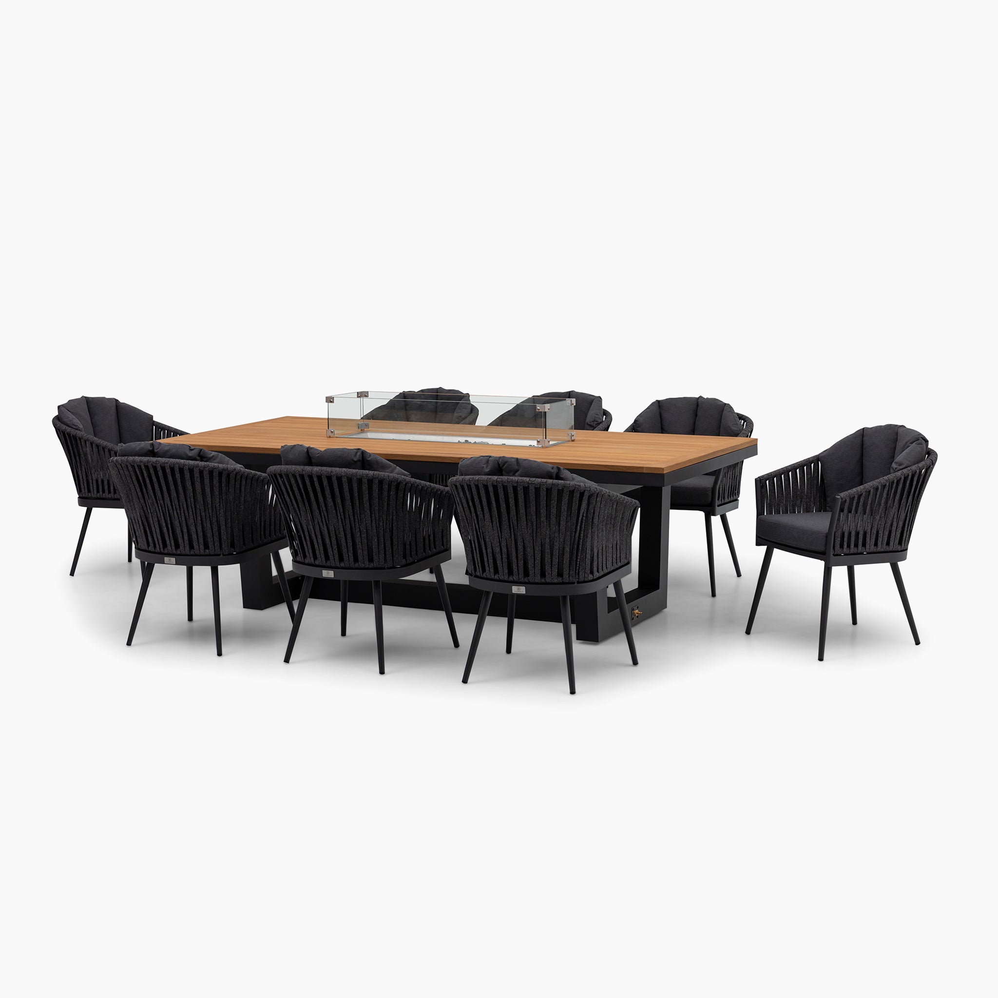 Monterrey 8 Seat Rope Rectangular Teak Firepit Dining Set in Grey