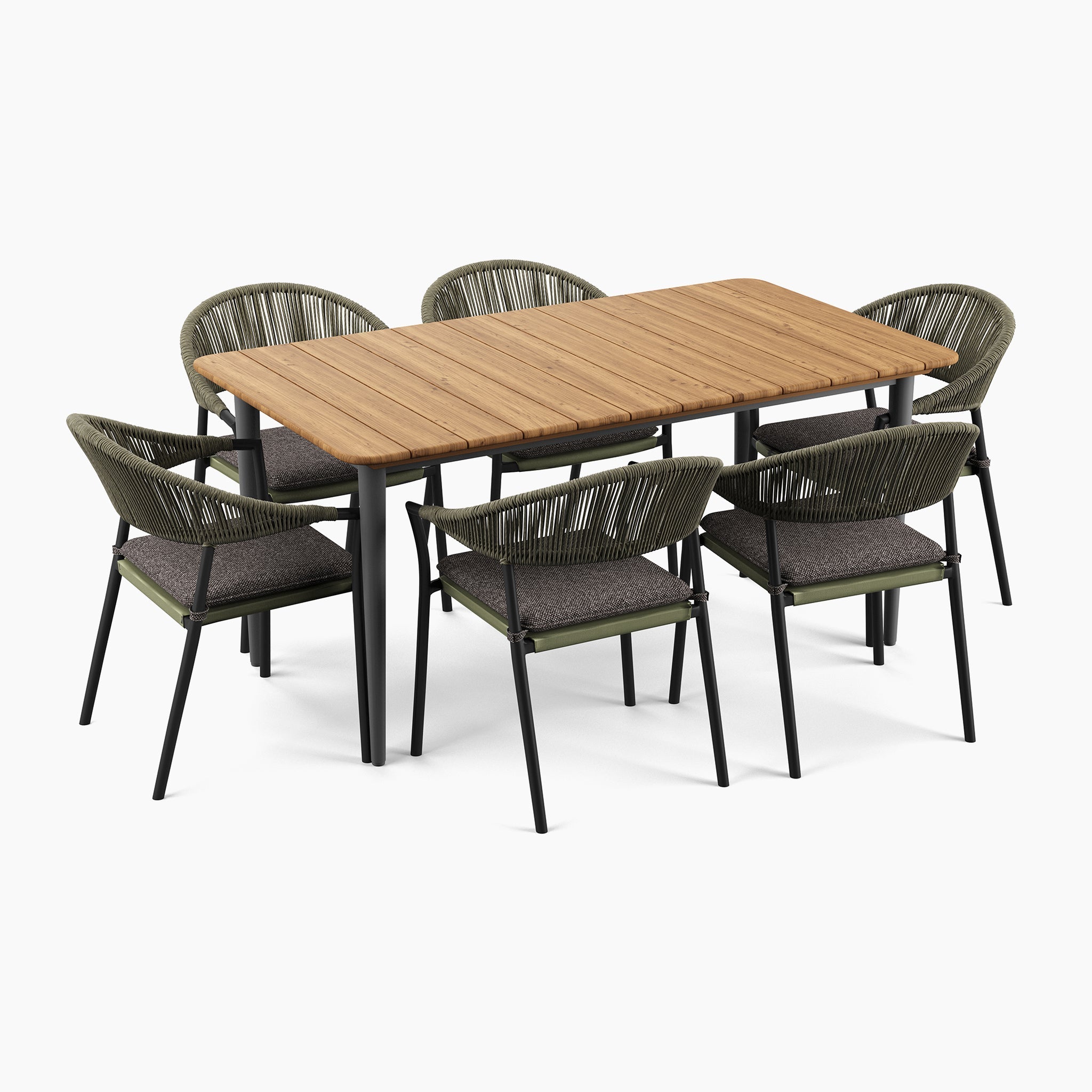 Cloverly 6 Seat Rectangular Dining with Teak Table in Olive Green